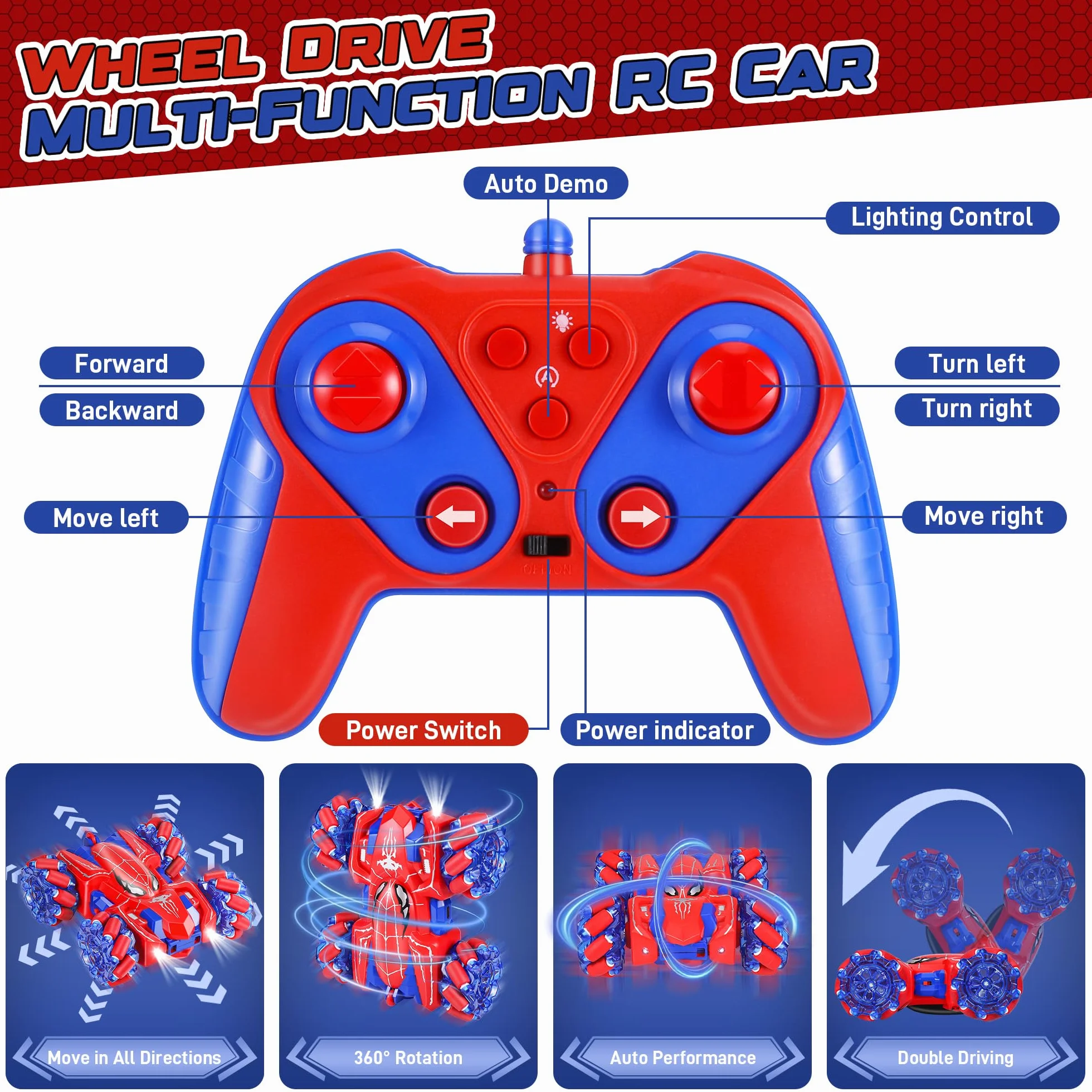 spider Zdalne sterowanie samochodem - 2,4 GHz 360 ° śmiertelne skoki dwustronne monster truck dla chłopców 4 5 6 7 8 lat, 4WD RC samochód akrobacyjny z zimnym światłem (Red RC Car)