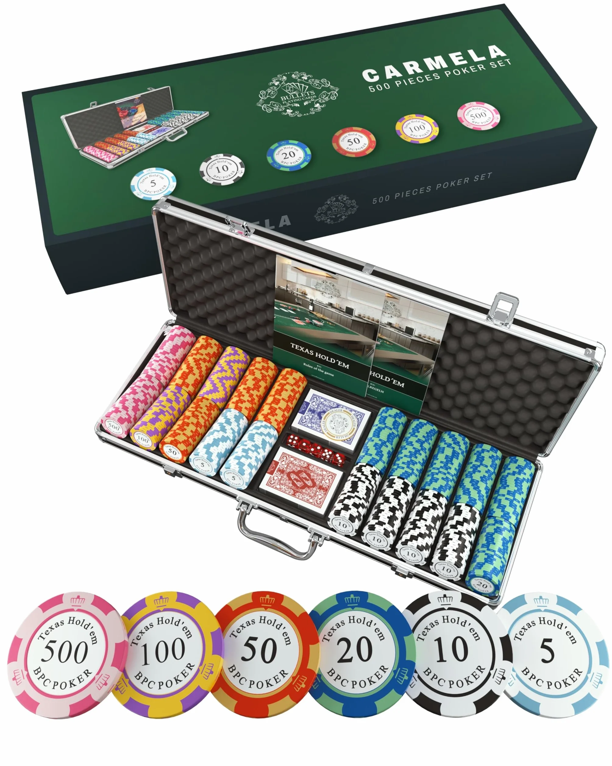 Bullets Playing Cards, Zestaw pokerowy "Carmela" z 500 glinianymi żetonami do pokera, w tym ceramiczny przycisk dealera, podwójne opakowanie kart do pokera Bullets
