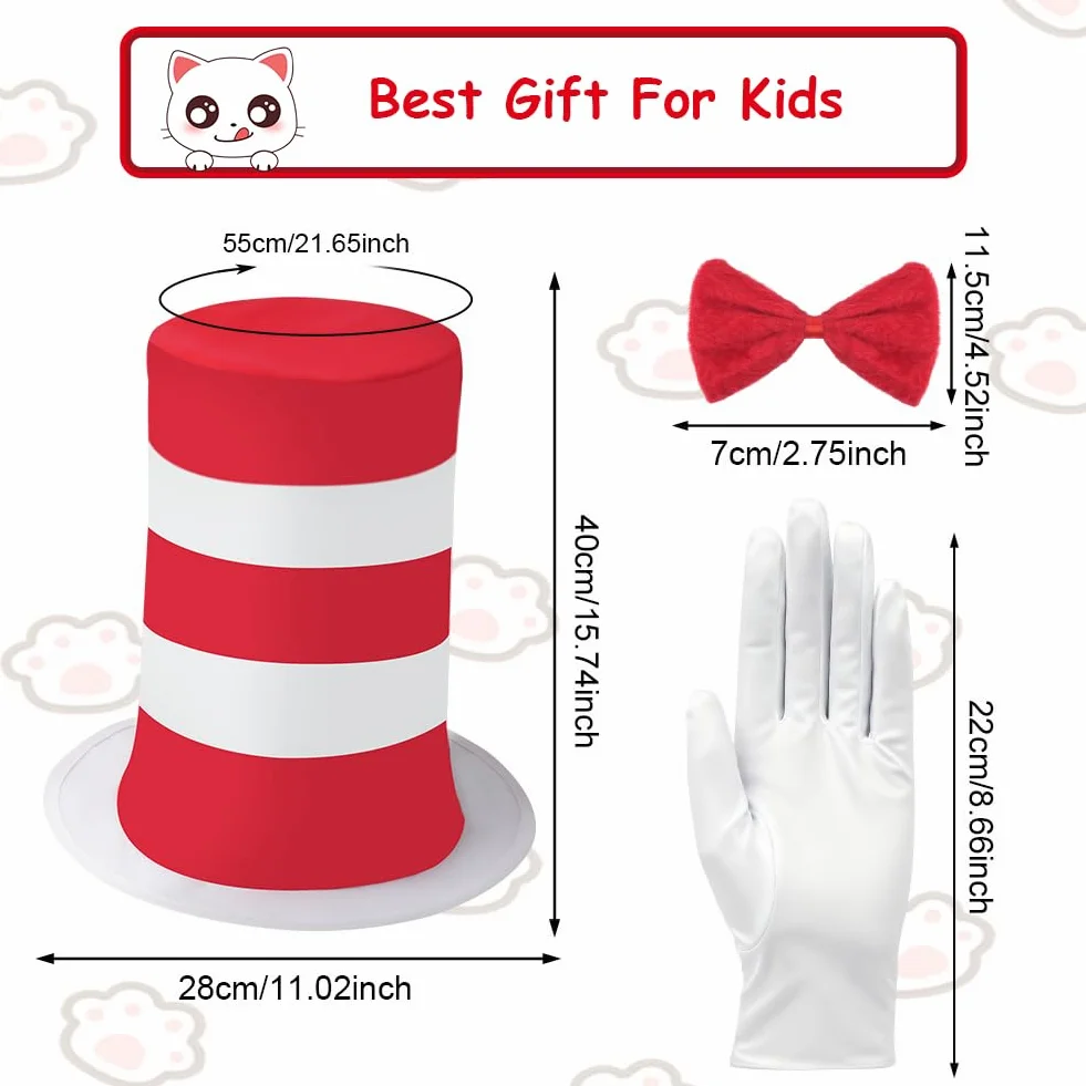 AUYAO Kostium kota dla dzieci, kostium szalonego kota, kostium The Cat In The Hat kostium Grinch kostium dla dzieci, w paski, czerwony kapelusz, czerwona muszka, białe rękawiczki, ogon kota, kostium