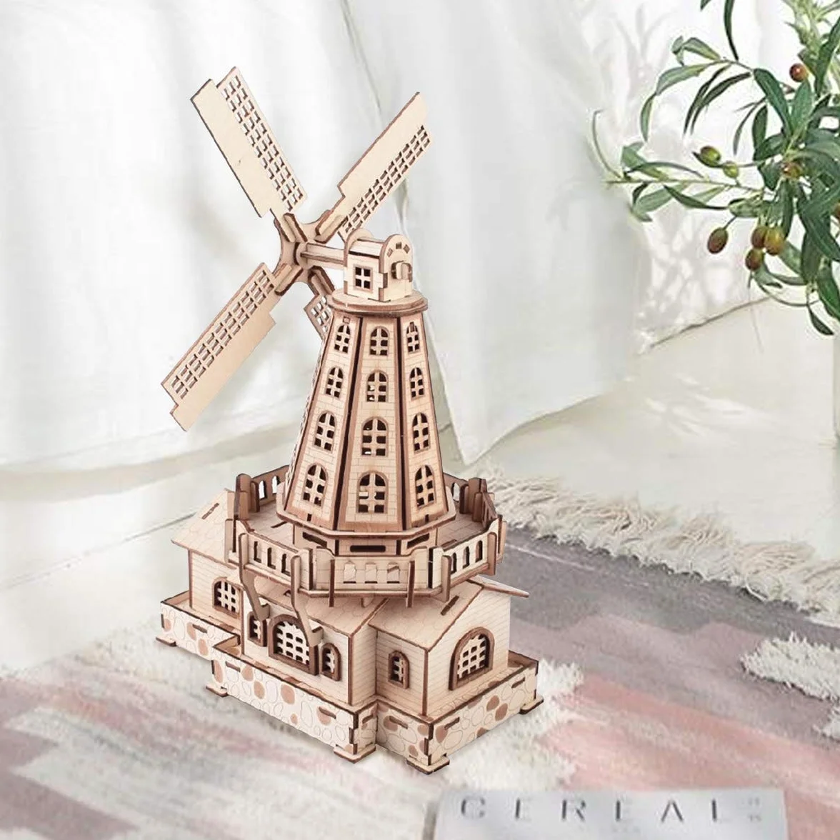 GuDoQi Drewniane puzzle 3D, wiatrak, drewniane puzzle, zestaw do samodzielnego montażu, rękodzieło artystyczne, modelarstwo, drewniany model budynku, prezent dla nastolatków i dorosłych, na urlop i