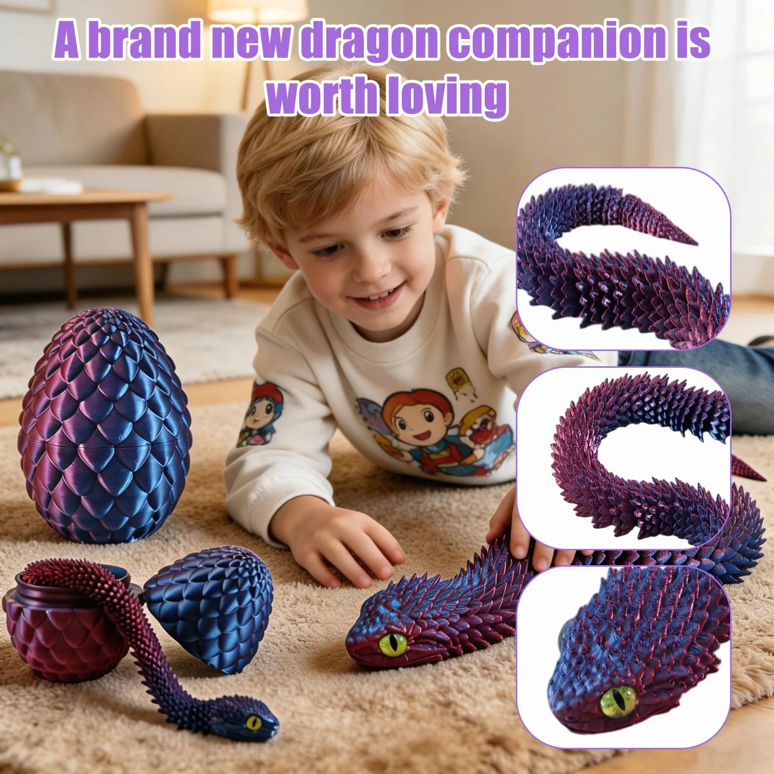 Joycabin Wąż z nadrukiem 3D, 45 cm, z jajkiem, z nadrukiem D, zabawka na Wielkanoc, nadruk 3D, jajko smocze, jaja węża, wielkanocne jaja węża, dla dzieci, na prezent, na biurko, do mieszkania
