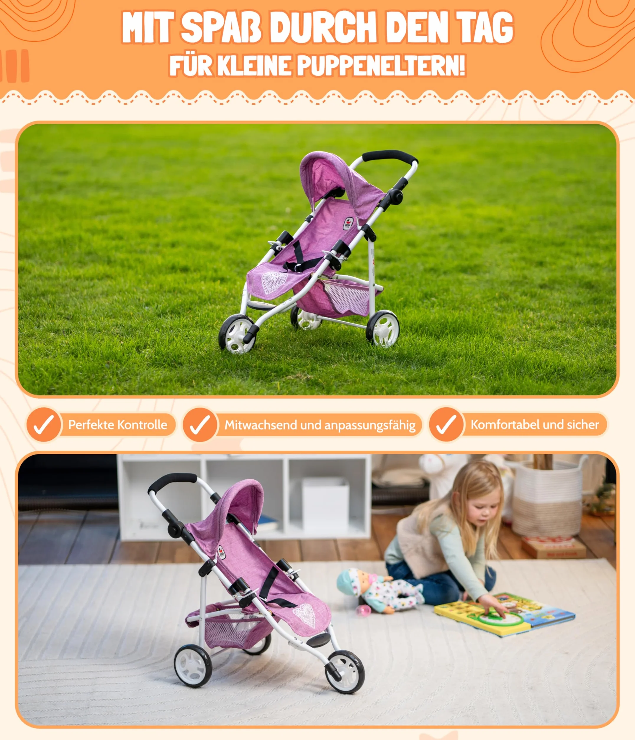 Bayer Chic 2000 - Buggy dla lalek Lola, joggery dla lalek, wózek dla lalek, kwiaty, 612-53, kwiaty, różowy, 70 x 33 x 62 cm