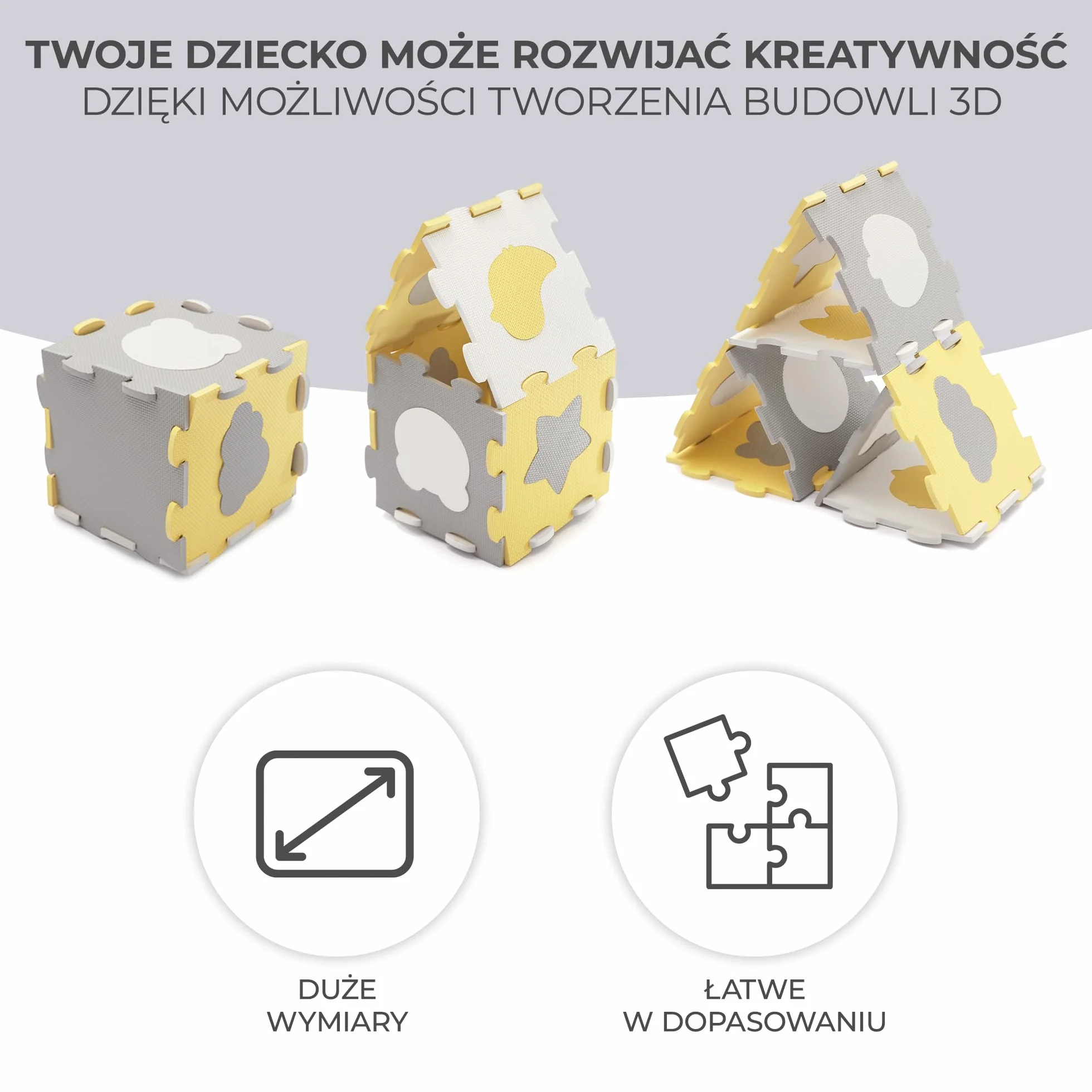 Kinderkraft LUNO SHAPES Mata piankowa, Wielofunkcyjna, Puzzle 30 elementów, Wodoodporna, Izolacja od podłogi, Antypoślizgowa powierzchnia, Łatwe czyszczenie, Torba do transportu w zestawie, Żółty