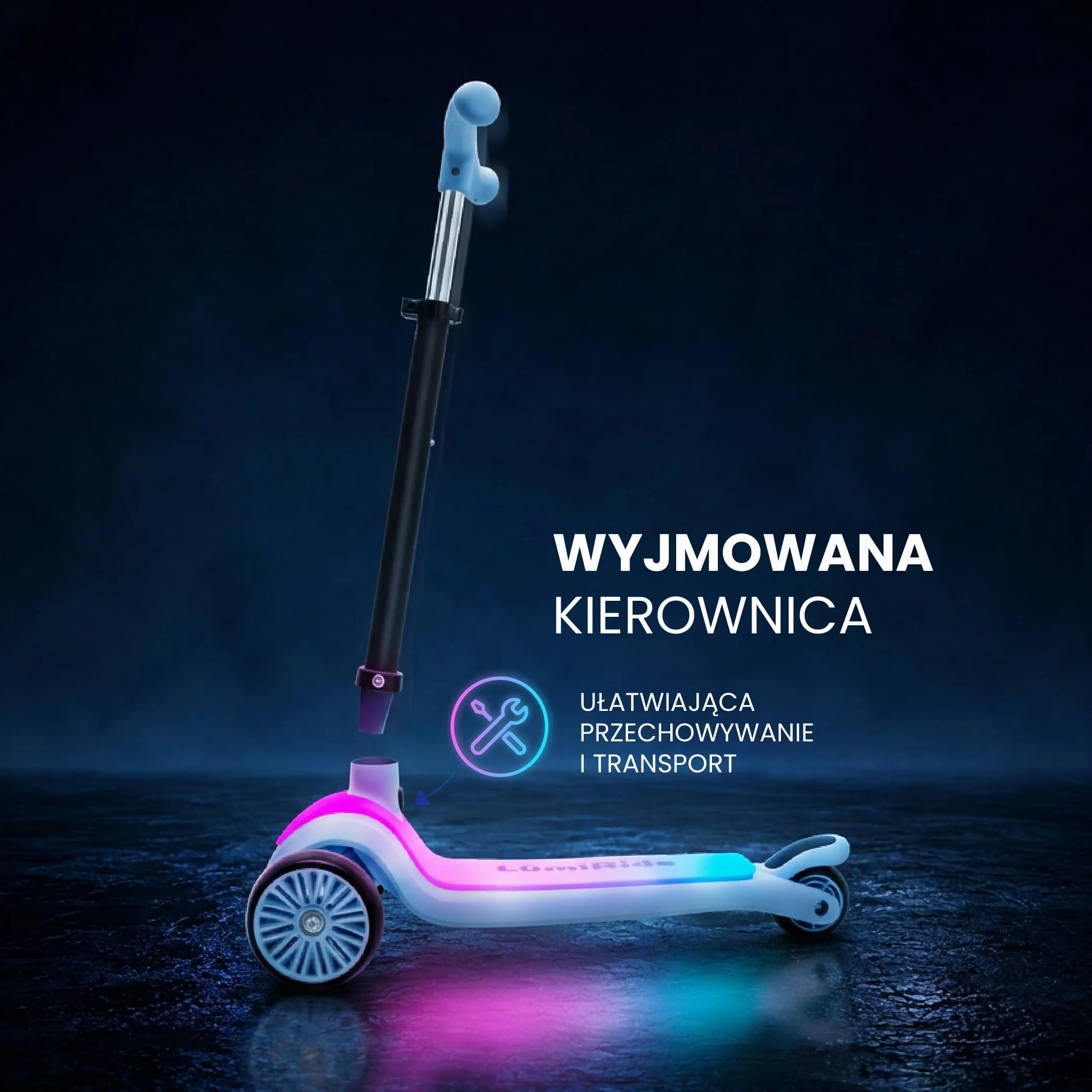 LUMI RIDE Hulajnoga Trójkołowa dla dzieci LED 3+, Balansowa, Składana, Regulowana Kierownica, Hamulec Nożny, Antypoślizgowy Podest, Wyjmowana Kierownica