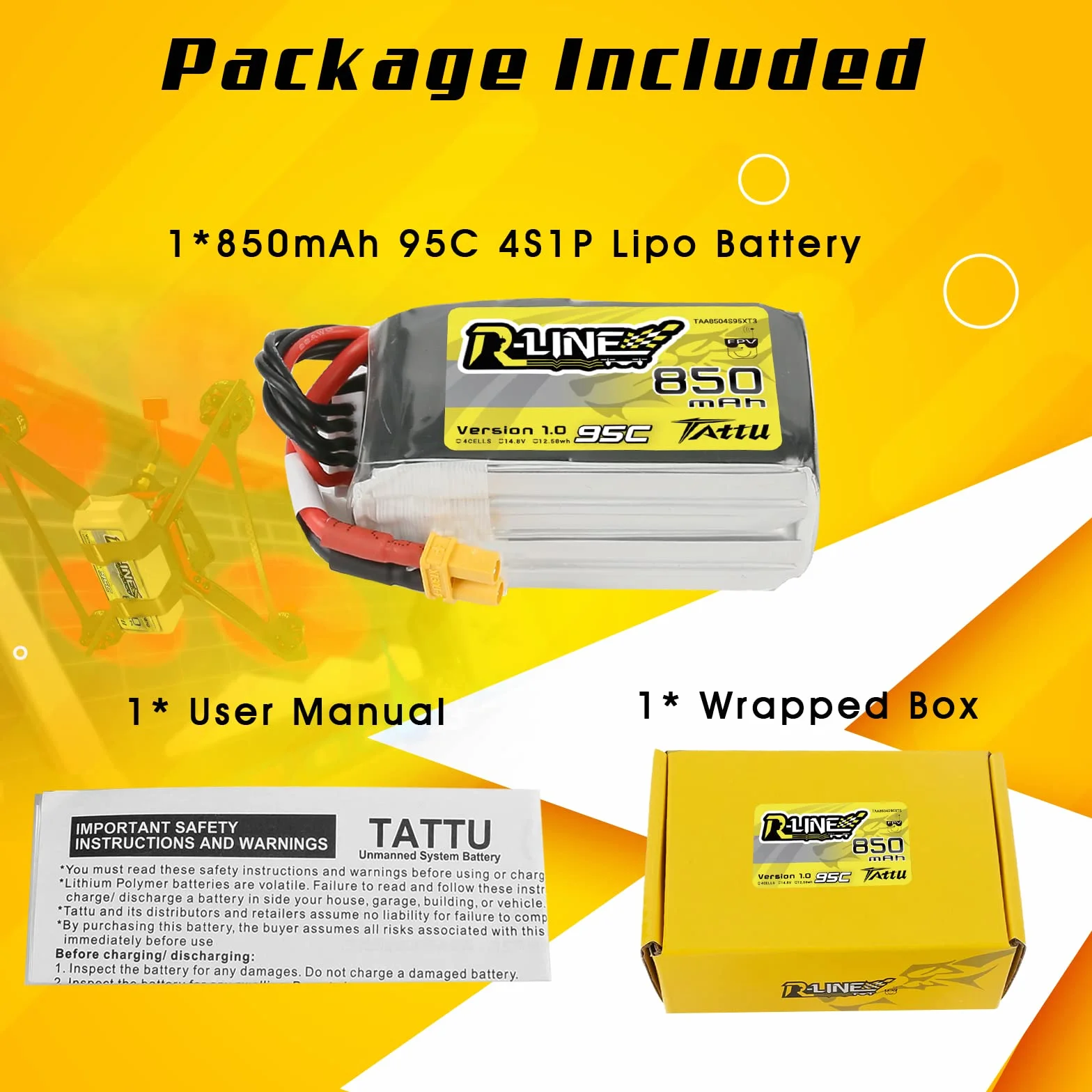 Tattu 4S Lipo akumulator 850 mAh 14,8 V 95C Lipo akumulator Lipo seria R-Line Pack z wtyczką XT30 nadaje się do Multirotor FPV w rozmiarze od 100 do 180