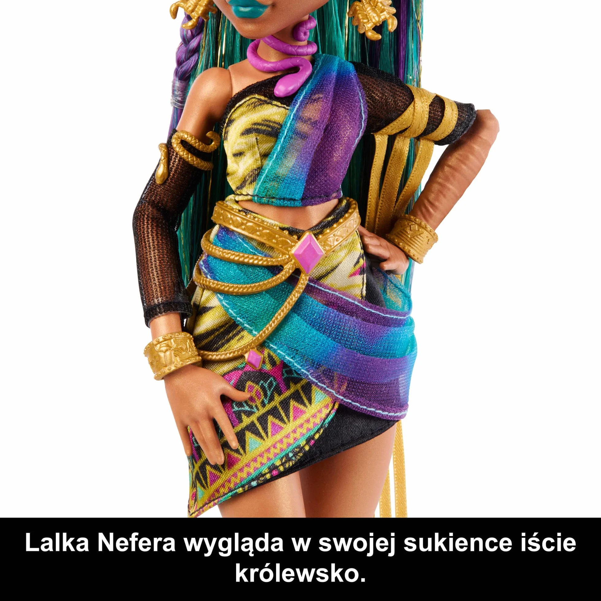 Monster High Nefera de Nile Lalka podstawowa, królewska mumia w sukience + skarabeusz Lavish i 7 akcesoriów, w tym torebka, „laptop”, okulary przeciwsłoneczne, zabawka dla dzieci 4+, JDR48