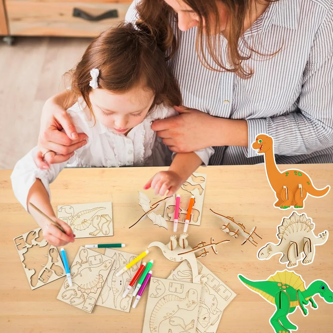 Drewniany zestaw dinozaurów 12 sztuk - DIY 3D Zestaw do malowania i malowania dla dzieci - Kreatywne rękodzieło Prezent urodzinowy