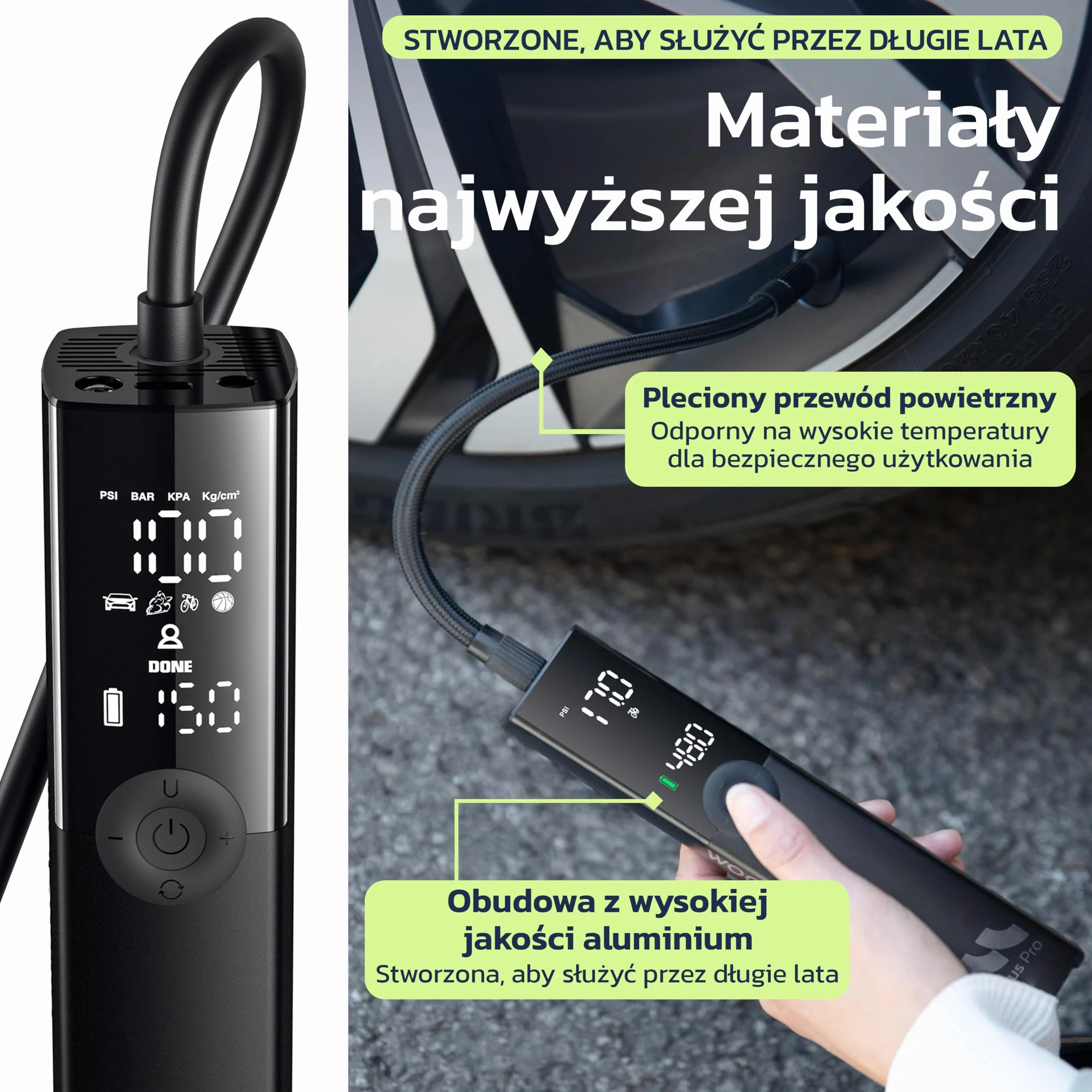 Pompa do opon, przenośna sprężarka powietrza do samochodu, roweru, motocykla, SUV-a i ciężarówki, szybka pompka samochodowa, 150 PSI, bezprzewodowa i 12 V DC, automatyczne wyłączanie, wyświetlacz LED