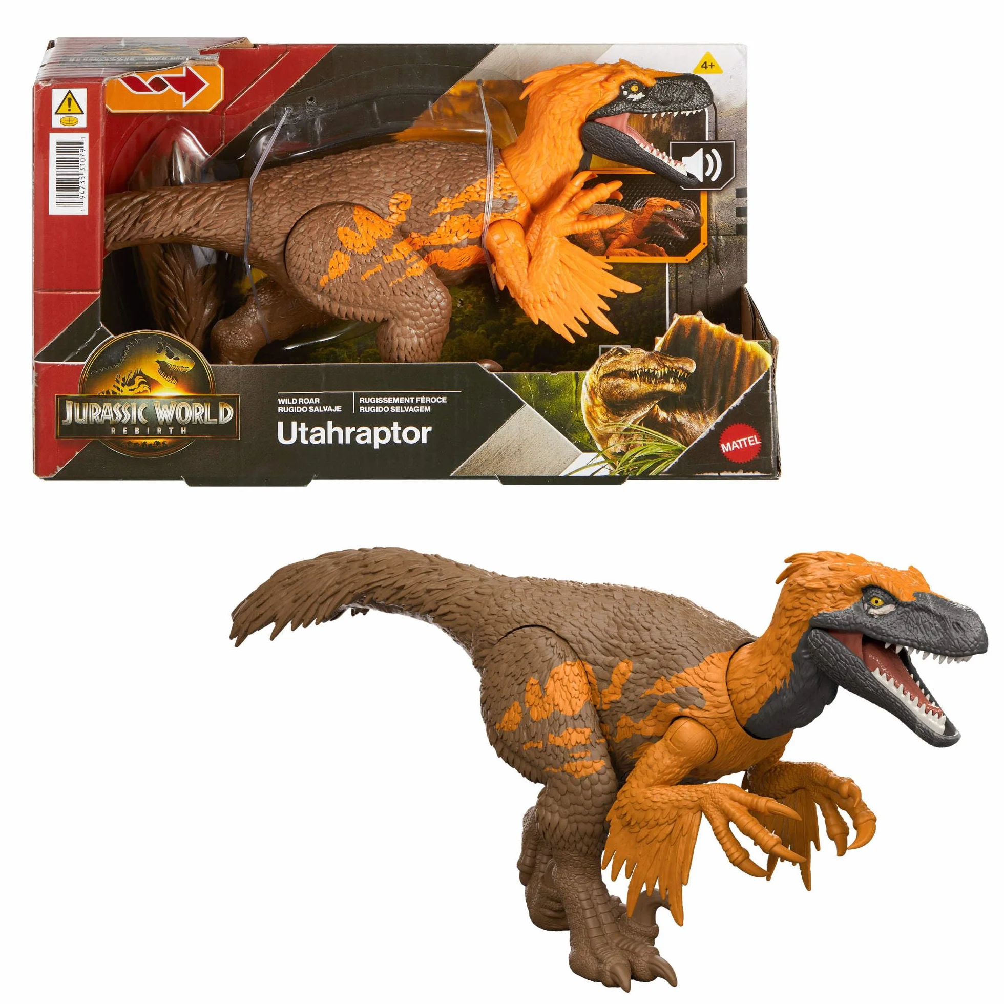 Mattel Jurassic World: Odrodzenie Utahraptor Ryczący dinozaur Figurka z wielokierunkowym atakiem i dźwiękiem, do ustawiania w różnych pozach, zabawka dinozaur dla dzieci, zabawa wirtualna, JGC80