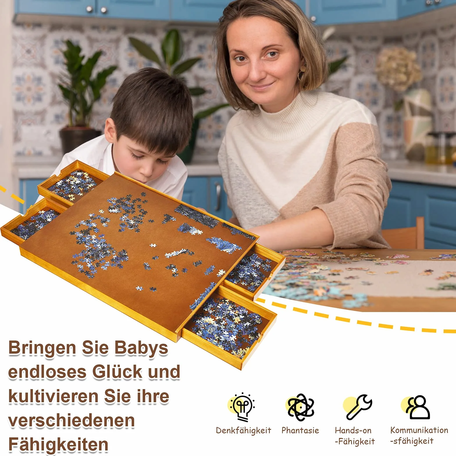 GOPLUS Drewniany stół do puzzli, stół z 4 szufladami, system przechowywania puzzli na 1000-1500 sztuk, podkładka do puzzli z równą powierzchnią roboczą, mata do puzzli, 80 x 65 cm
