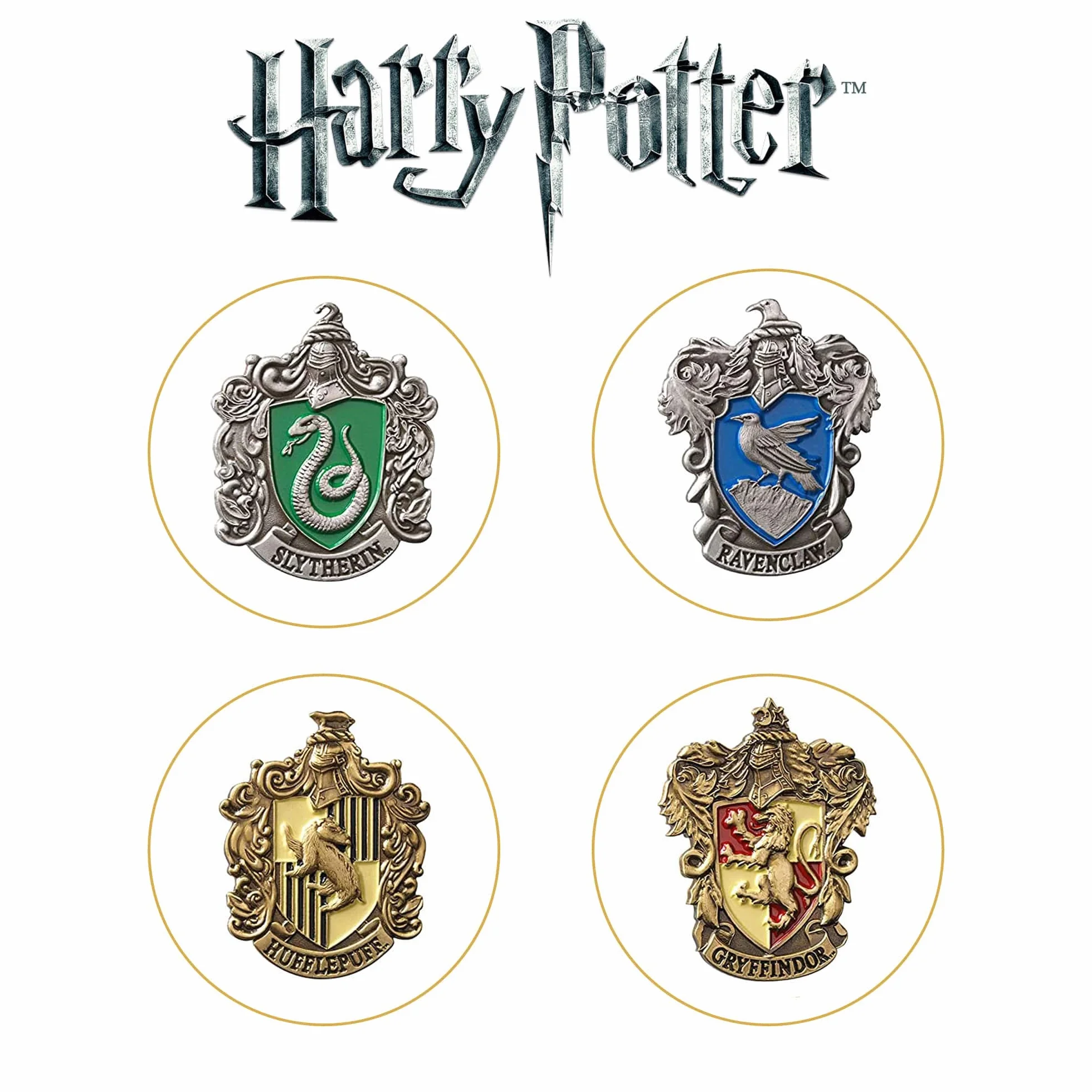 Hogwart House Pins firmy The Noble Collection – zestaw 5 metalowych ręcznie emaliowanych przypinek do domu dostarczane w drewnianej gablocie – oficjalnie licencjonowany film o Harrym Potterze do