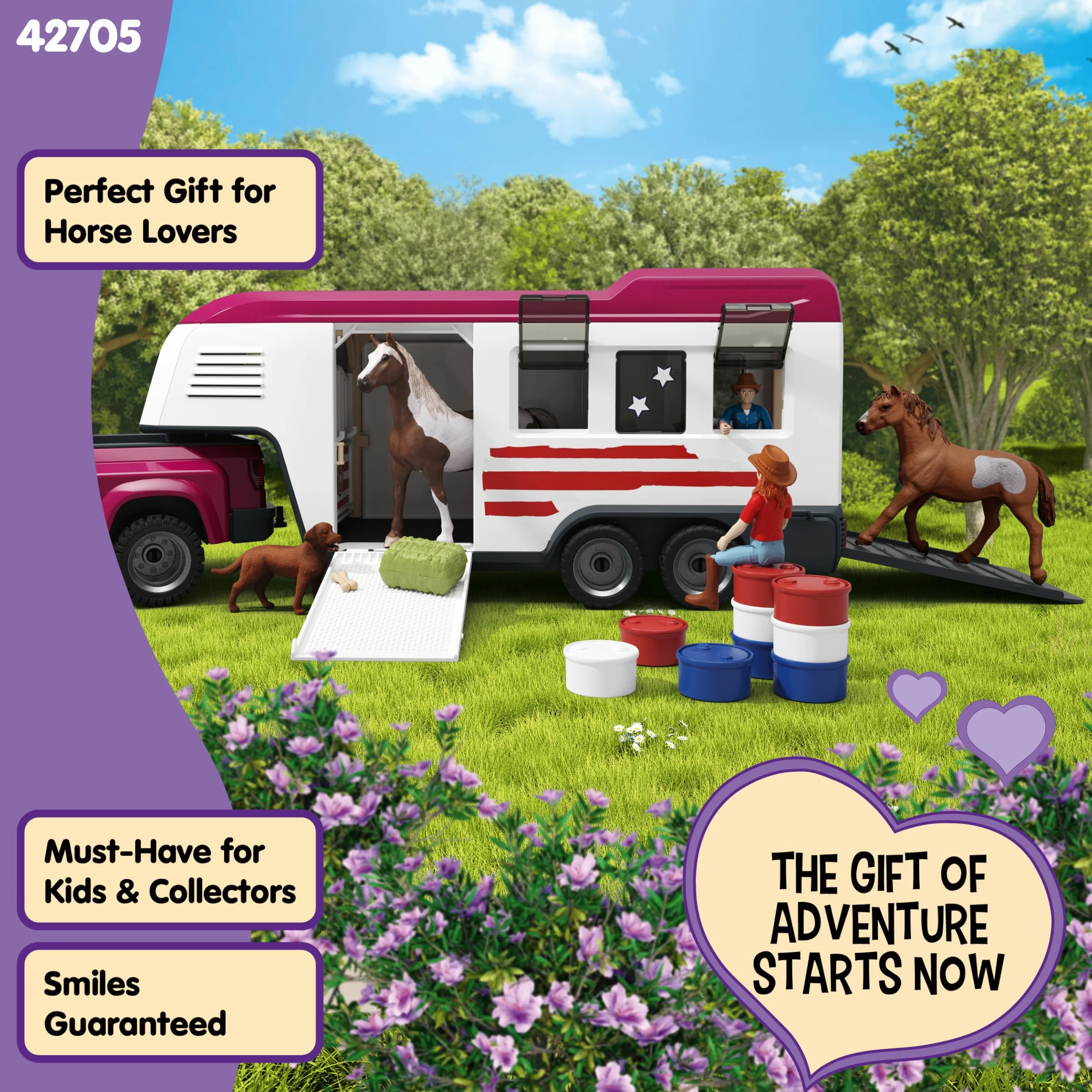 schleich HORSE CLUB | Ciężarówka Lakeside z przyczepą 42705 | Zestaw z ciężarówką, przyczepą dla koni, boksami, Hannah, 2 końmi, psem i akcesoriami | Zabawka dla dzieci od 5 lat | 119-częściowy zestaw