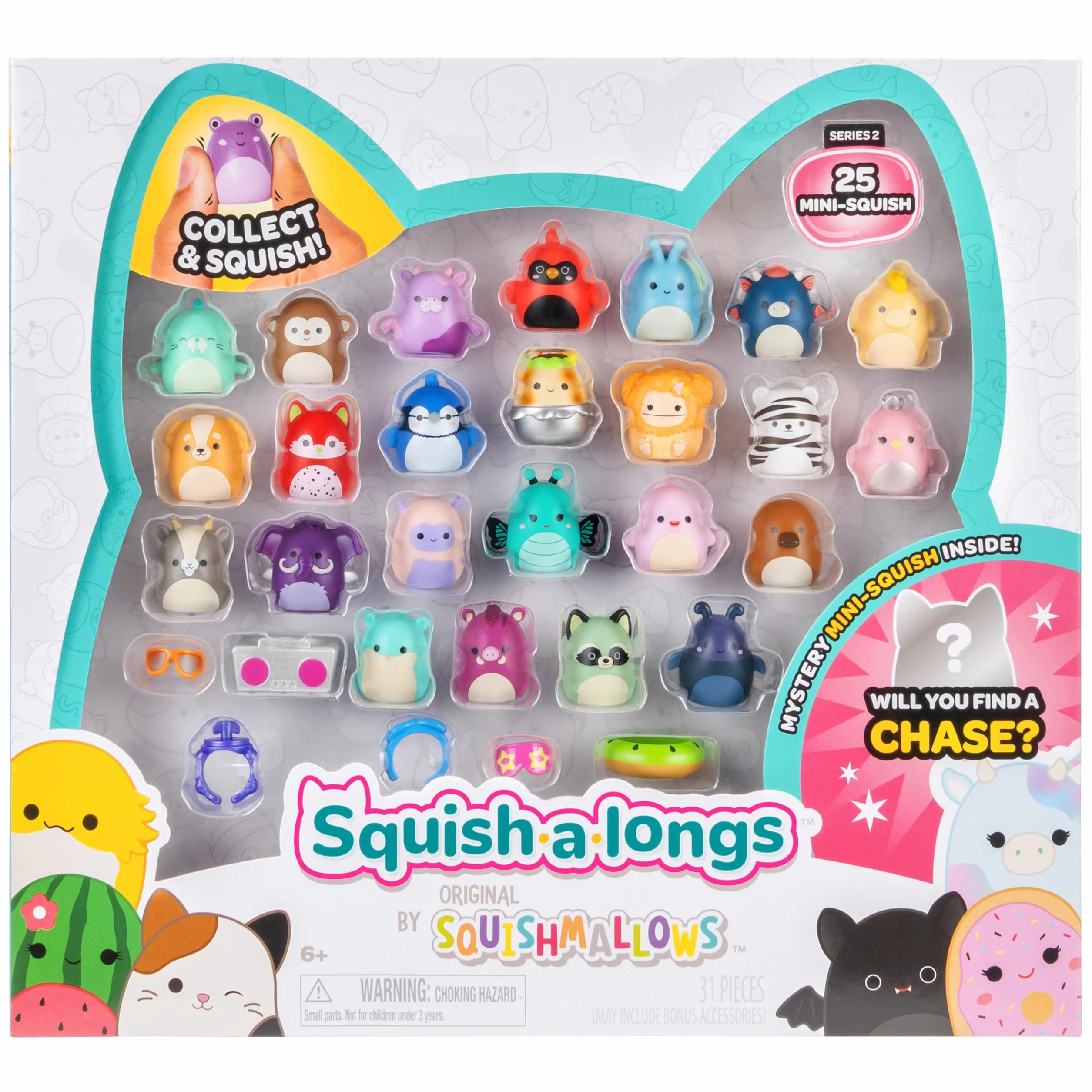 Squish-a-longs by Squishmallows Zestaw 25 sztuk - Seria 2 - (25) 2.5 cm Mini-Squish, 5 akcesoriów, 1 pierścień i 1 przewodnik kolekcjonerski - 2 figurki Chase - Zbieraj, handluj i graj