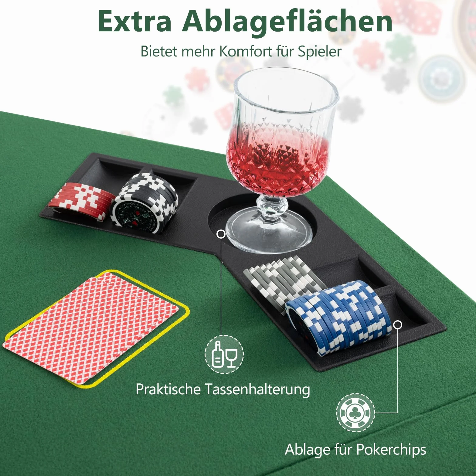 GOPLUS Składana mata do pokera, nakładka na stół pokerowy dla maksymalnie 8 graczy, obrus z torbą do przenoszenia i uchwytem na napoje, ośmiokątna podkładka na stół pokera, na imprezy, 120 x 120 cm