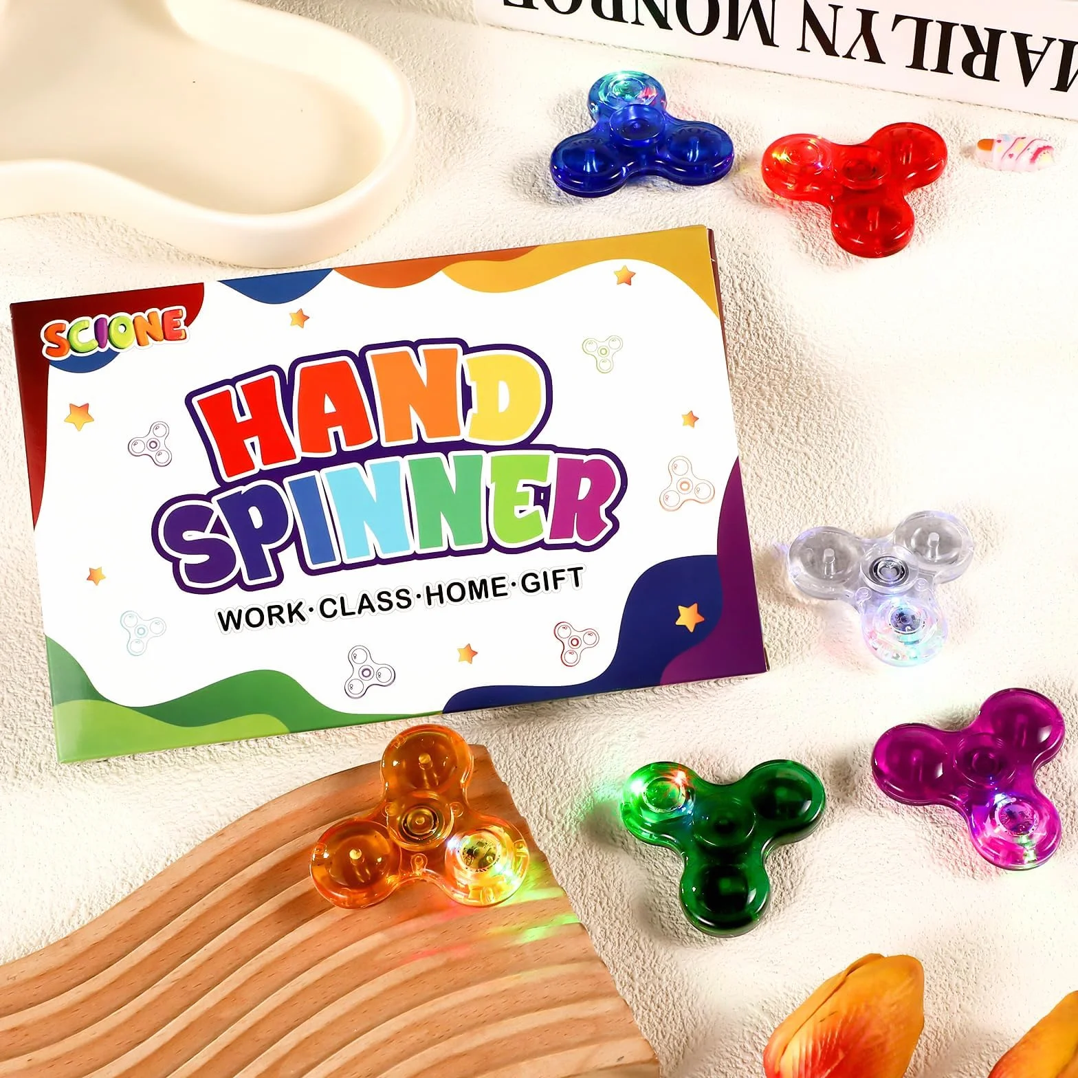 SCIONE 6 SZT. Mini Kryształowy LED Fidget Spinner dla Dzieci 3-8 lat, 2,24-calowa Świecąca Zabawka Antystresowa dla Maluchów, Gadżet na Imprezy Świecący w Ciemności dla Dzieci i Dorosłych