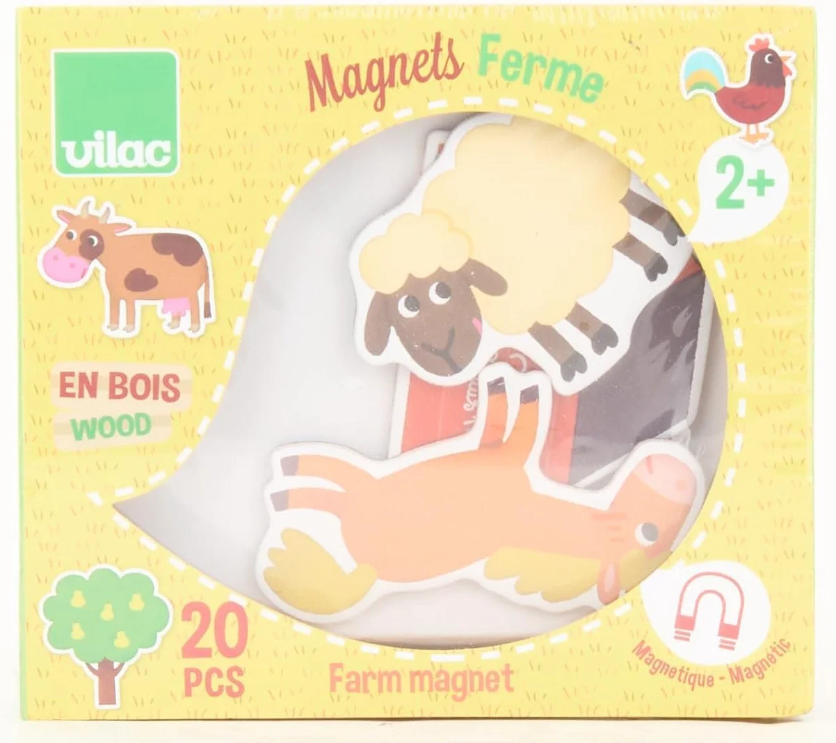 Vilac Drewniane magnesy o tematyce farmy, nauka z kolorowymi magnesami, zestaw 20-częściowy, 2 lata +