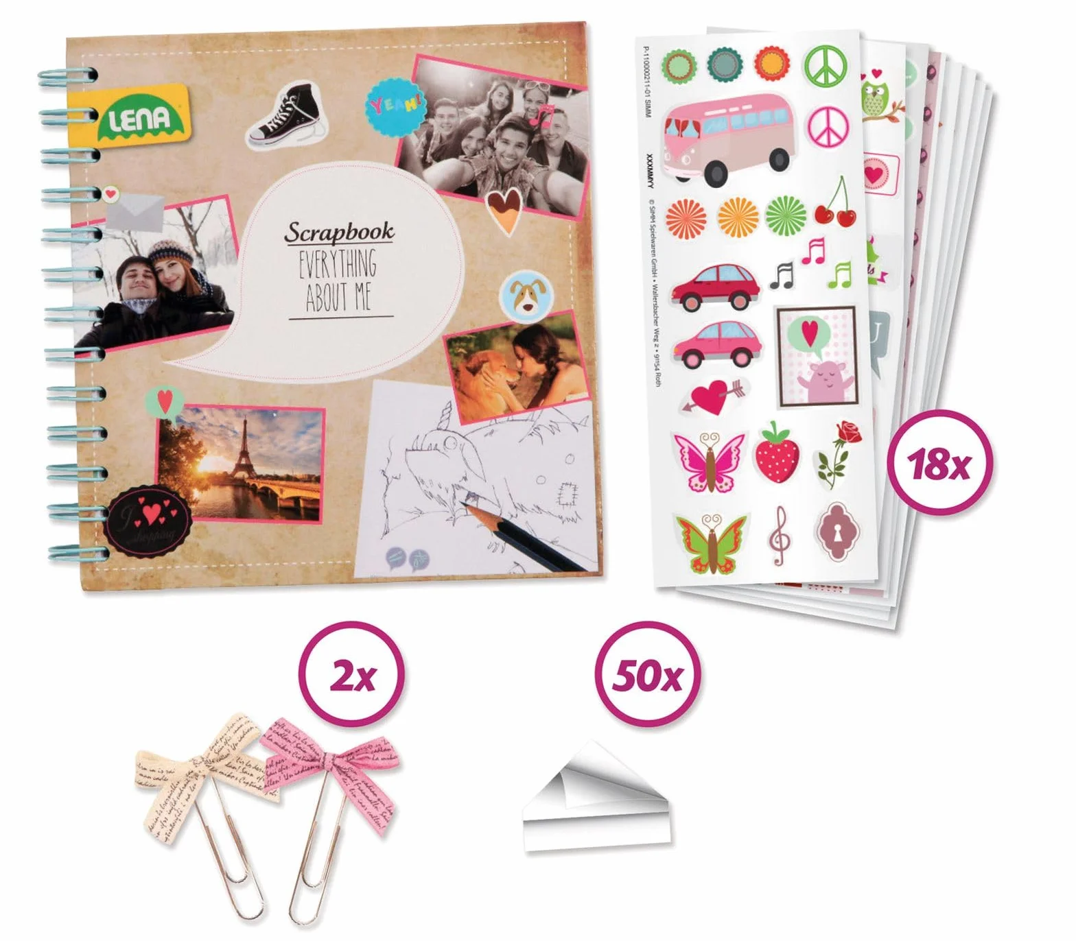 Lena 42332 - Zestaw Scrapbookingu z Albumem, 20 Tematów, 18 Arkuszy Naklejek, 300 Motywów, Narożniki Zdjęć, 2 Klipsy Wstążki, Kreatywny Zestaw dla Dzieci od 8 Lat