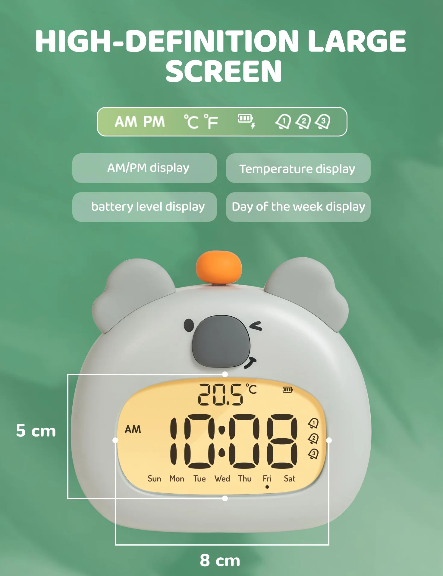 IHALO Koala budzik dziecięcy, stolik nocny z koala, cyfrowy wyświetlacz LED, 3,15 cala, trzy alarmy, tryb weekendowy, data, godzina, temperatura, możliwość ponownego ładowania, dekoracja do pokoju