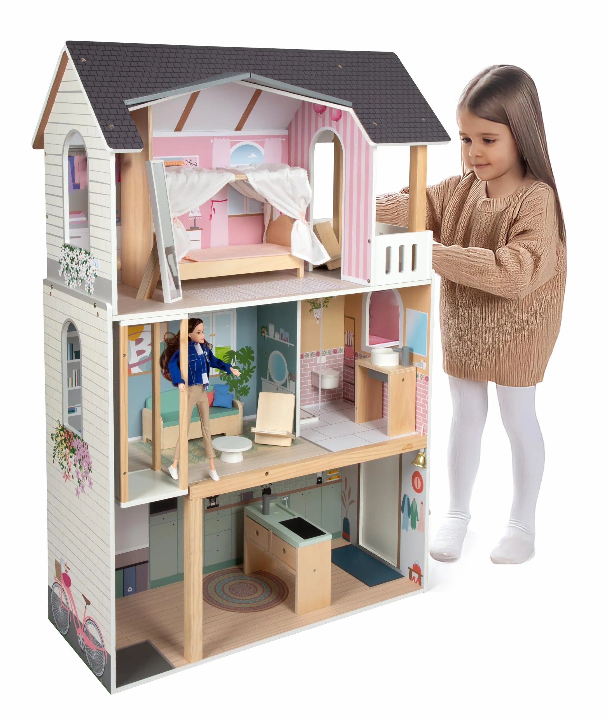 Mały domek dla lalek Villa XL, 3-piętrowy domek dla lalek z windą, dla lalek do 30 cm, skala 1:6, imitacja drewna, 12730