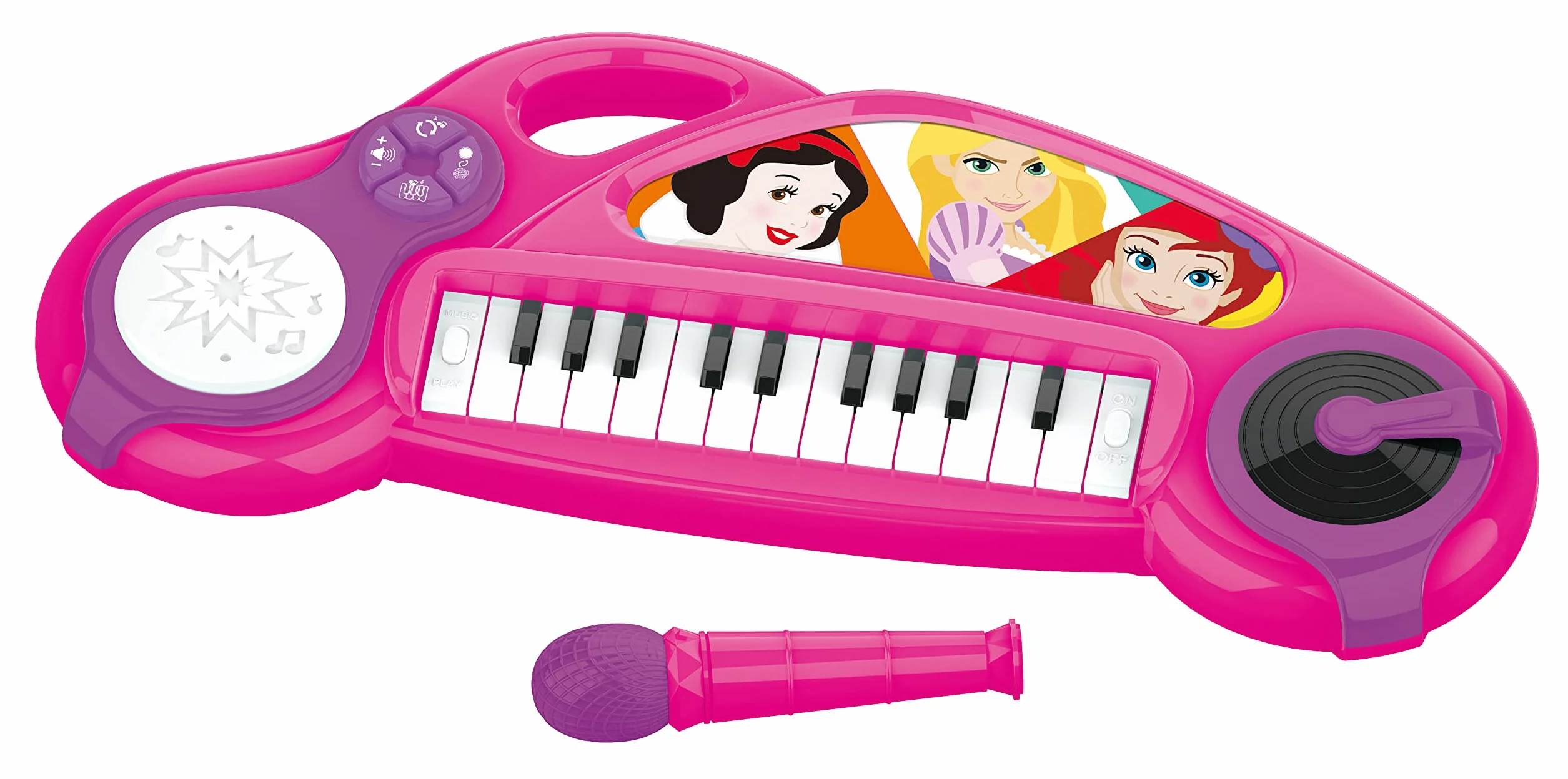 Lexibook, Disney Princess, Pianino elektroniczne dla dzieci z efektami świetlnymi, mikrofonem, perkusją, wbudowanym głośnikiem, utworami demo, odtwarzaczem DJ, różowy/fioletowy, K704DP
