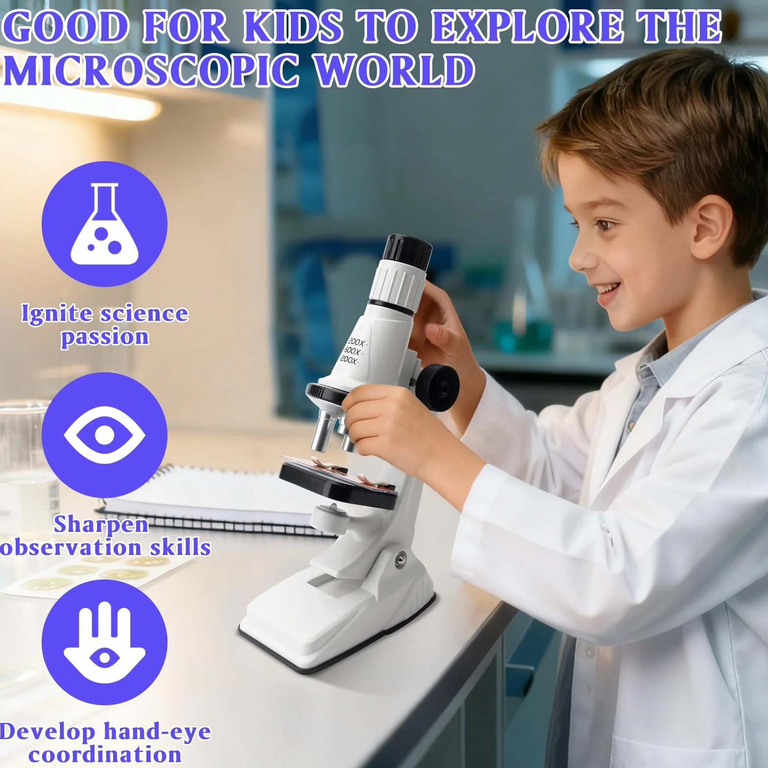 Mikroskop dla dzieci, powiększenie 200x-1200x, eksperymentalna zabawka edukacyjna, przenośny zestaw mikroskopowy, zestaw do eksperymentów naukowych do laboratorium szkolnego, domu, dla chłopców i