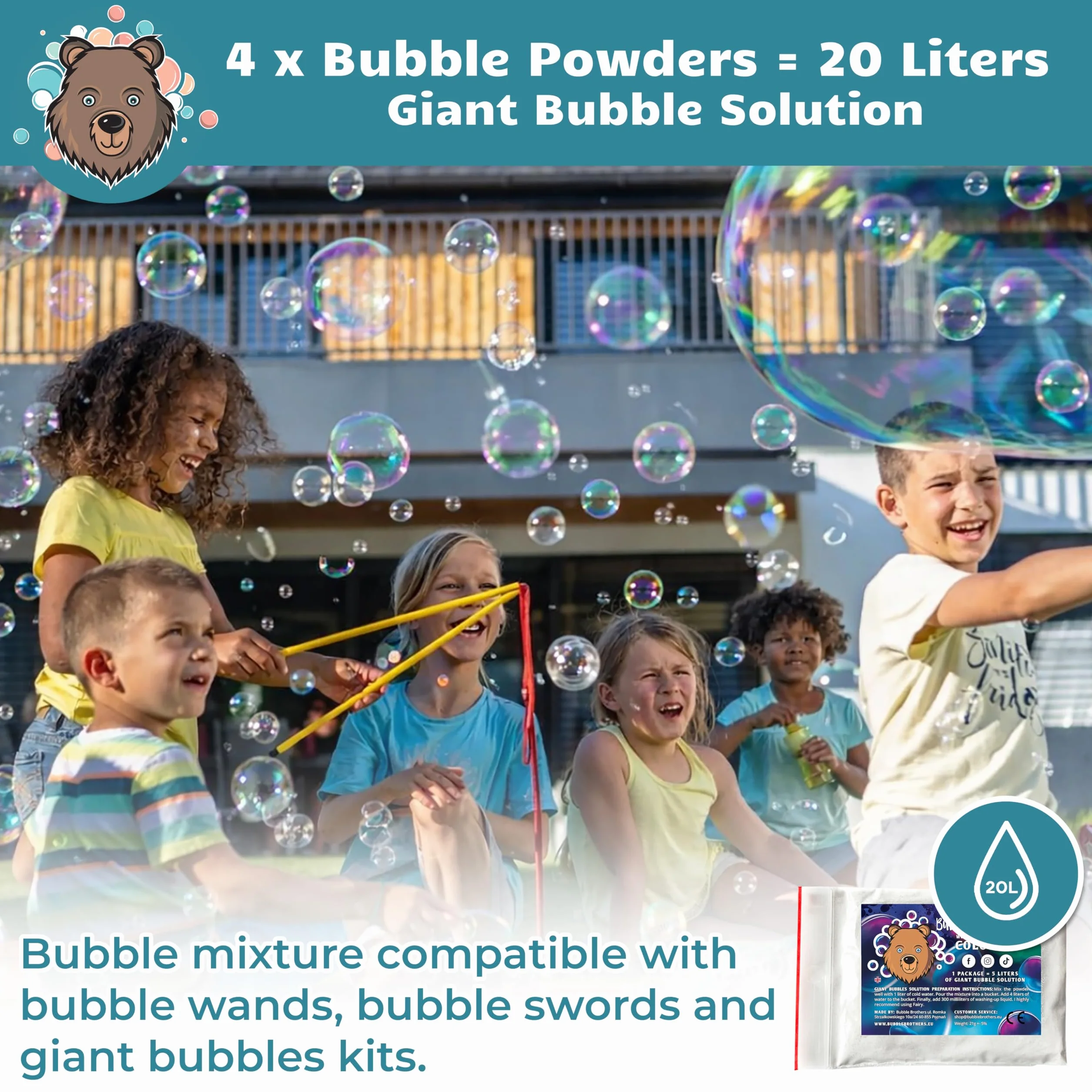 Bubble Brothers Płyn do baniek mydlanych 20 Litrów 4 x 5 Litrów Magiczny Proszek Bańki Mydlane Duże Bańki na urodziny wesele