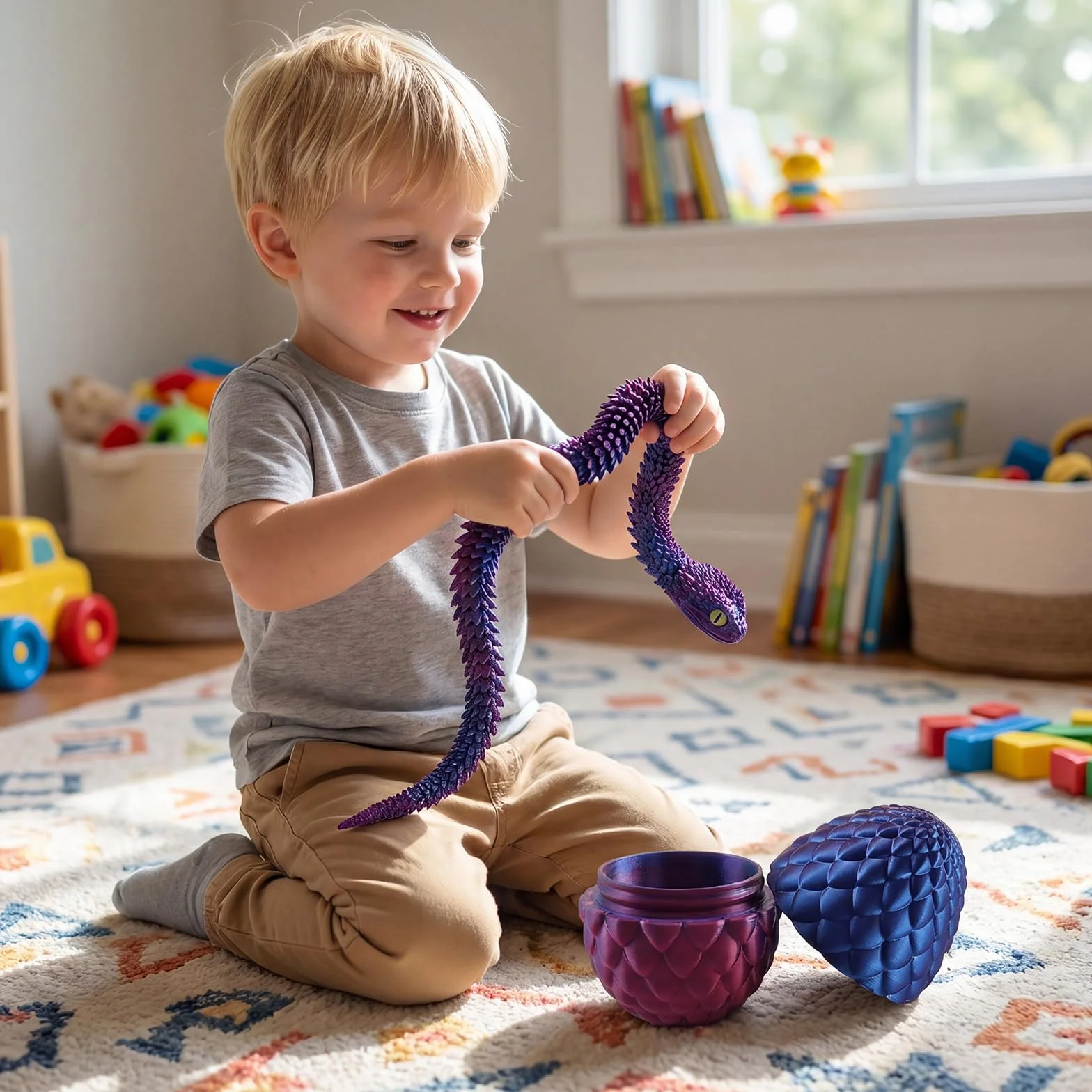 Joycabin Wąż z nadrukiem 3D, 45 cm, z jajkiem, z nadrukiem D, zabawka na Wielkanoc, nadruk 3D, jajko smocze, jaja węża, wielkanocne jaja węża, dla dzieci, na prezent, na biurko, do mieszkania