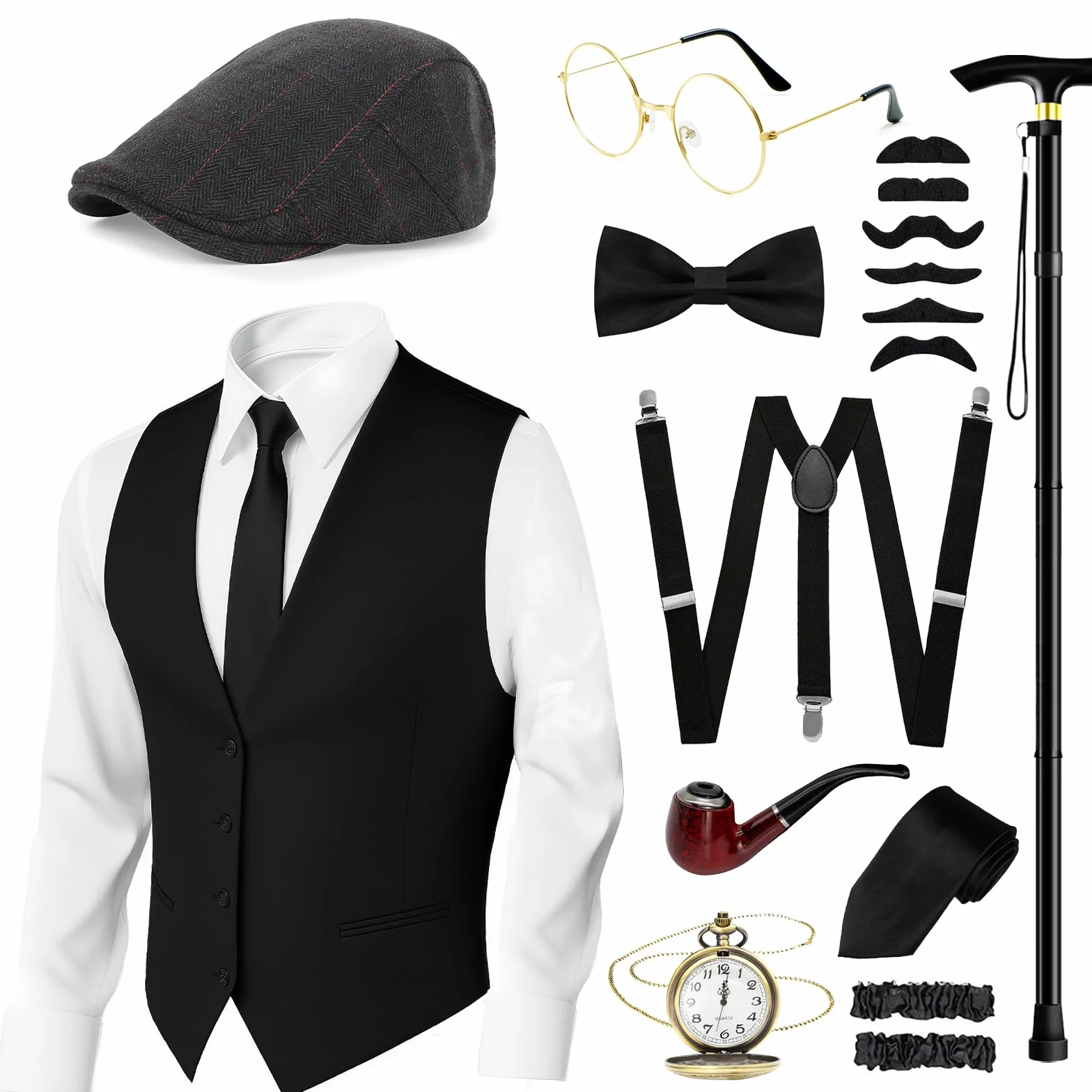 Akcesoria męskie w stylu lat 20., Gatsby, gangster, kostium mafii, kostium karnawałowy dla mężczyzn, akcesoria z kamizelką, beretem, krawatem, muchą, brodą, opaską