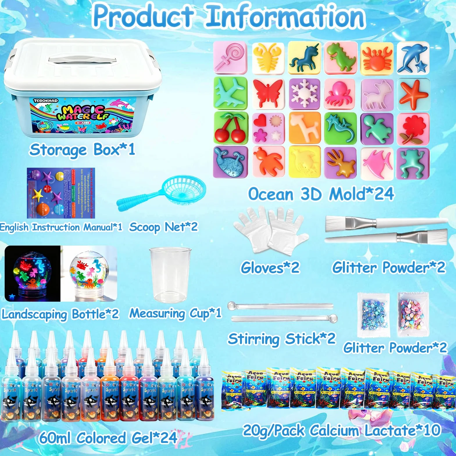 TEBOKHAD Magic Water Elf Toy Kit, 71 sztuk Aqua Gelz DIY zabawka dla dzieci, z 24 kolorowymi żelami, 24 foremkami, kreatywna zabawka i prezent dla dzieci od 3 lat, chłopców i dziewcząt