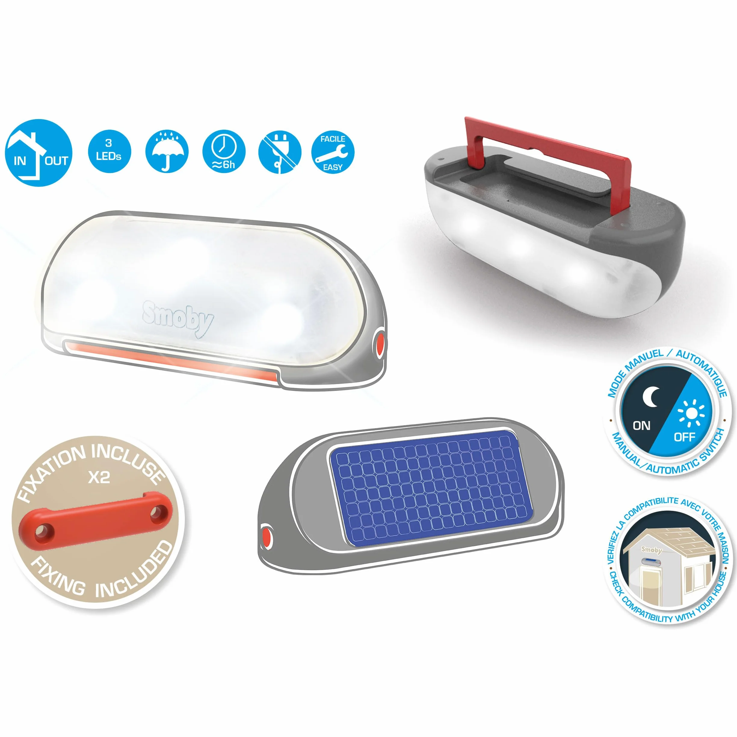 Smoby - Lampa solarna z uchwytem do noszenia – akcesoria do domku do zabawy, zdejmowana lampa, oświetlenie wewnętrzne lub zewnętrzne, 3 diody LED i ogniwo słoneczne, pasuje do większości domków do
