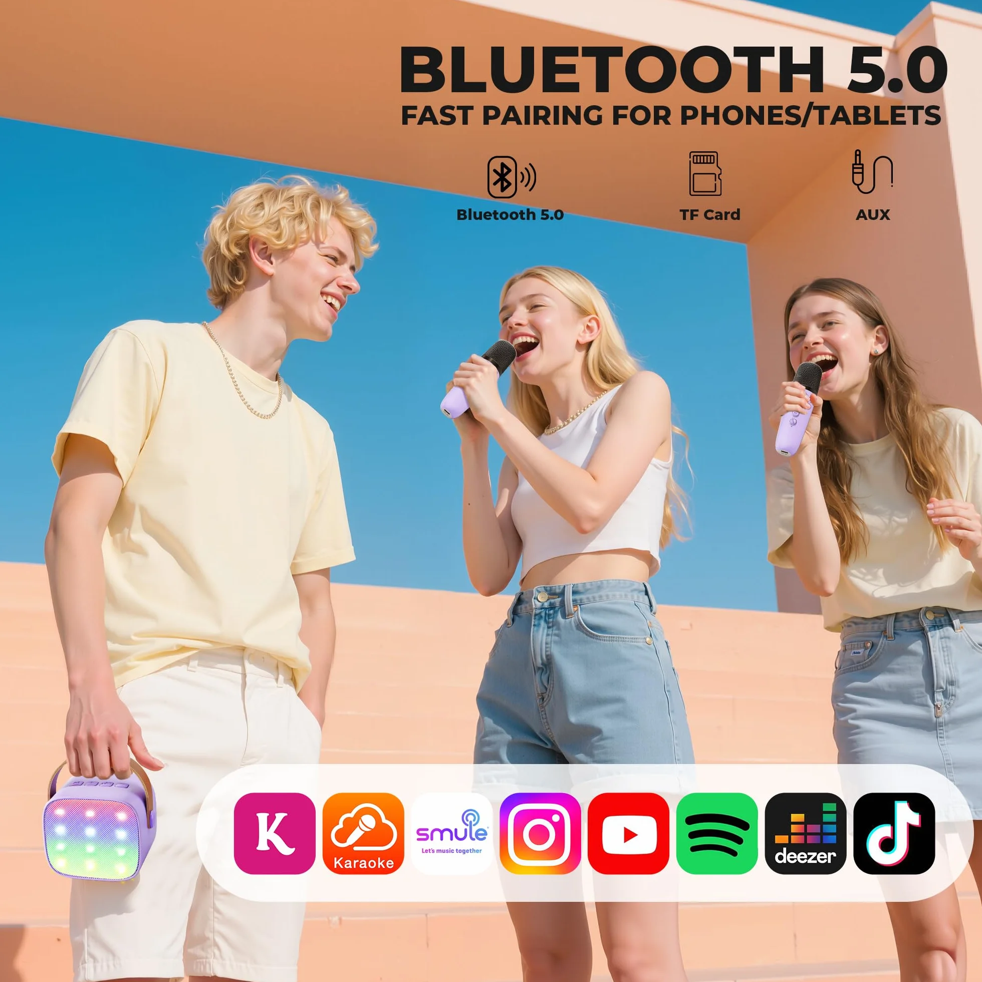Maszyna karaoke dla dzieci Mini maszyna do karaoke z 2 mikrofonami, głośnik Bluetooth ze światłami LED i zniekształceniem głosu, prezent dla dziewczynek w wieku 3, 4, 5, 6, 7, 8, 9, 10, 11, 12+ lat