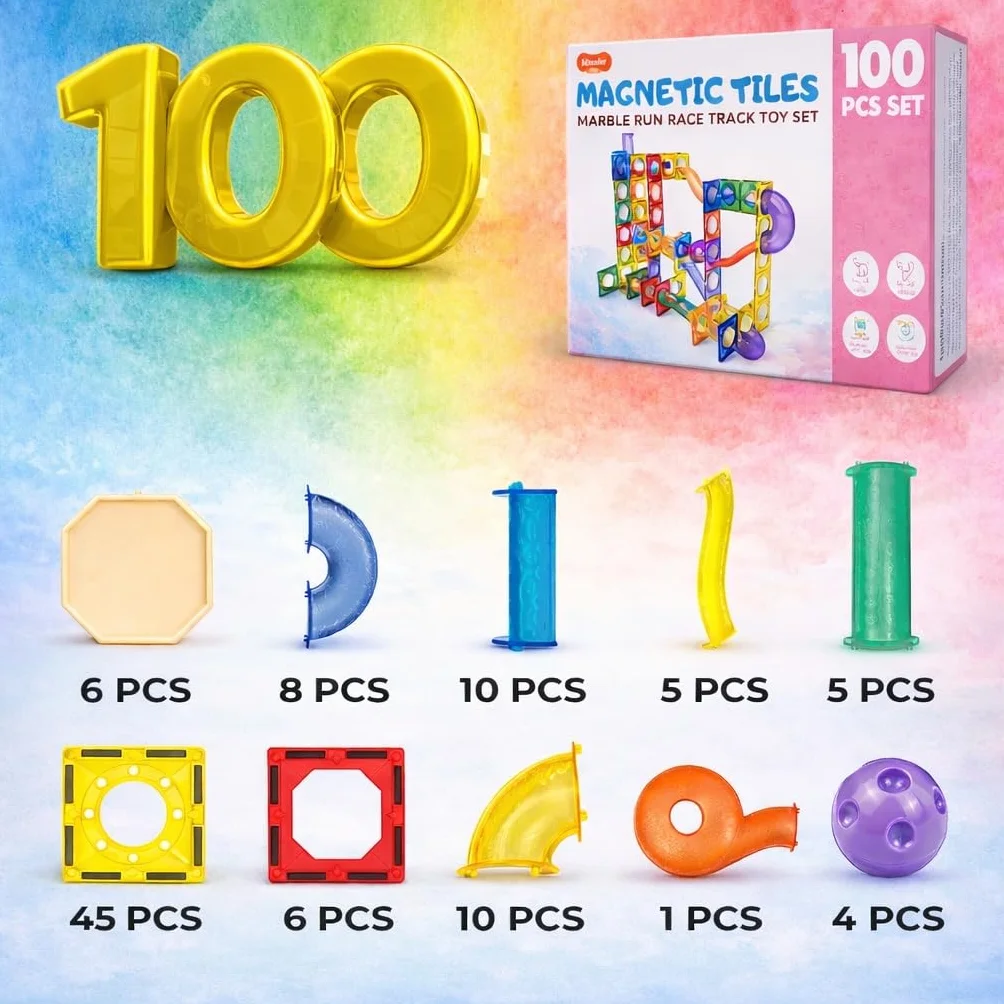 WonderToys Kulkowy tor wyścigowy, 100 sztuk, zestaw klocków magnetycznych, zabawka edukacyjna dla dzieci, dziewczynek i chłopców w wieku 3–7 lat, gry edukacyjne
