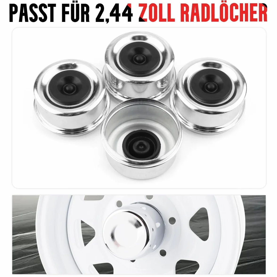 RhinoTuning Zestaw 2 zaślepek przeciwpyłowych, 62 mm, średnica 68 mm, ID 62 mm, kołpaki ochronne na koła, kompatybilne z samochodami ciężarowymi/przyczepami/łodziami (chromowane, z korkami)