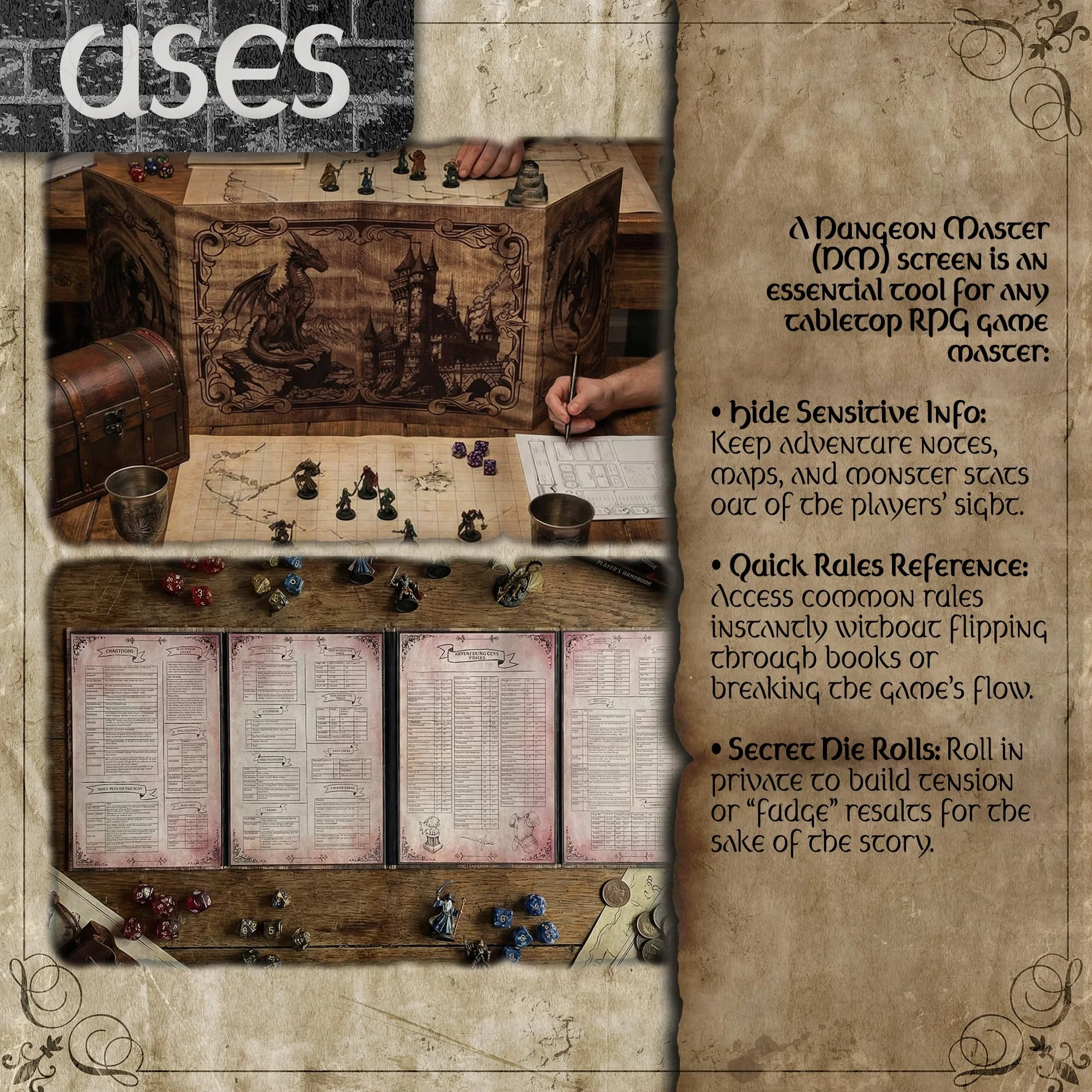 Ekran Dungeon Master - DOJA Hobby - DM Screen Składany 4 Panele Gładkie wykończenie, z wbudowanymi kieszeniami i szablonami w zestawie, akcesorium do lochów i smoków i odgrywania ról