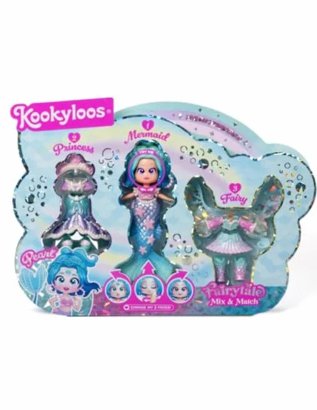 KOOKYLOOS Fairytale Mix & Match, Pearl – lalka fantasy 3 w 1, zawiera 1 lalkę, 1 kostium księżniczki, 1 strój syrenki i 1 strój wróżki