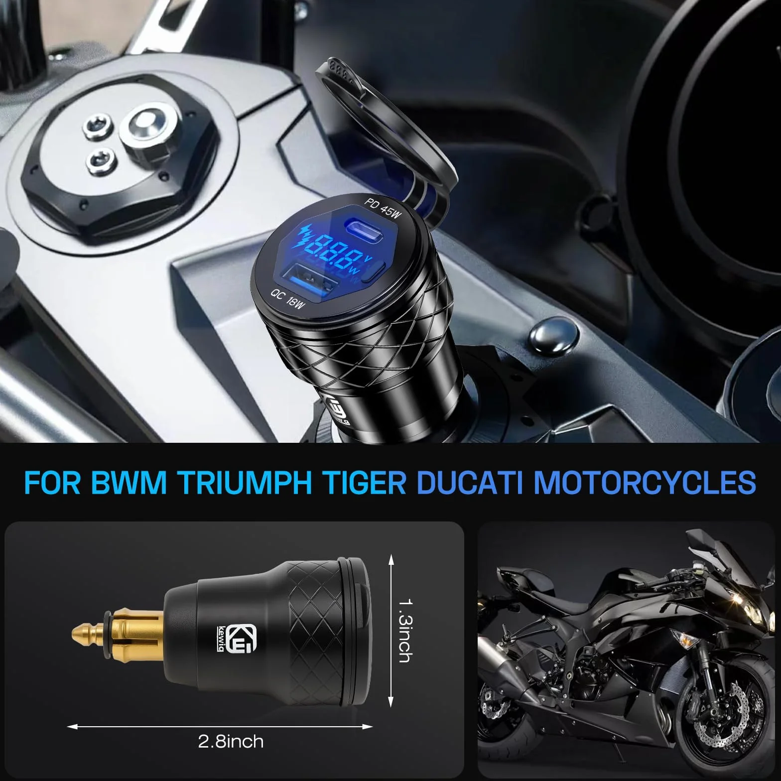 Adapter wtyczki DIN Hella na ładowarkę USB: 45 W USB C PD3.0 i 18 W QC3.0 gniazdo ładowarki motocyklowej do 12 V-24 V BMW Triumph Tiger Ducati, wodoodporny podwójny port szybkiego ładowania telefonu z