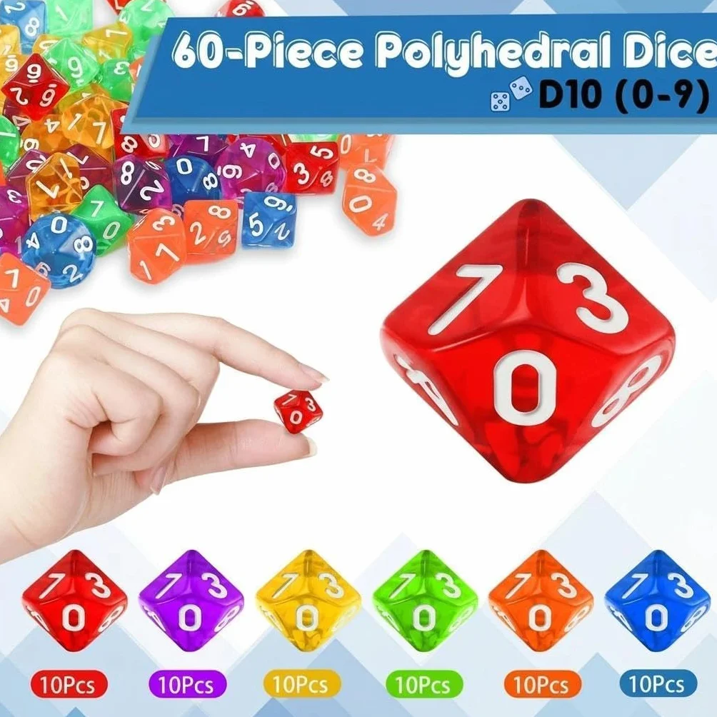 Zestaw 60 sztuk wielościennych kostek D10 – 10-stronicowe akrylowe Dice w 6 kolorach, kostki do gry DND, RPG, MTG, gier planszowych, gier karcianych i stołowych