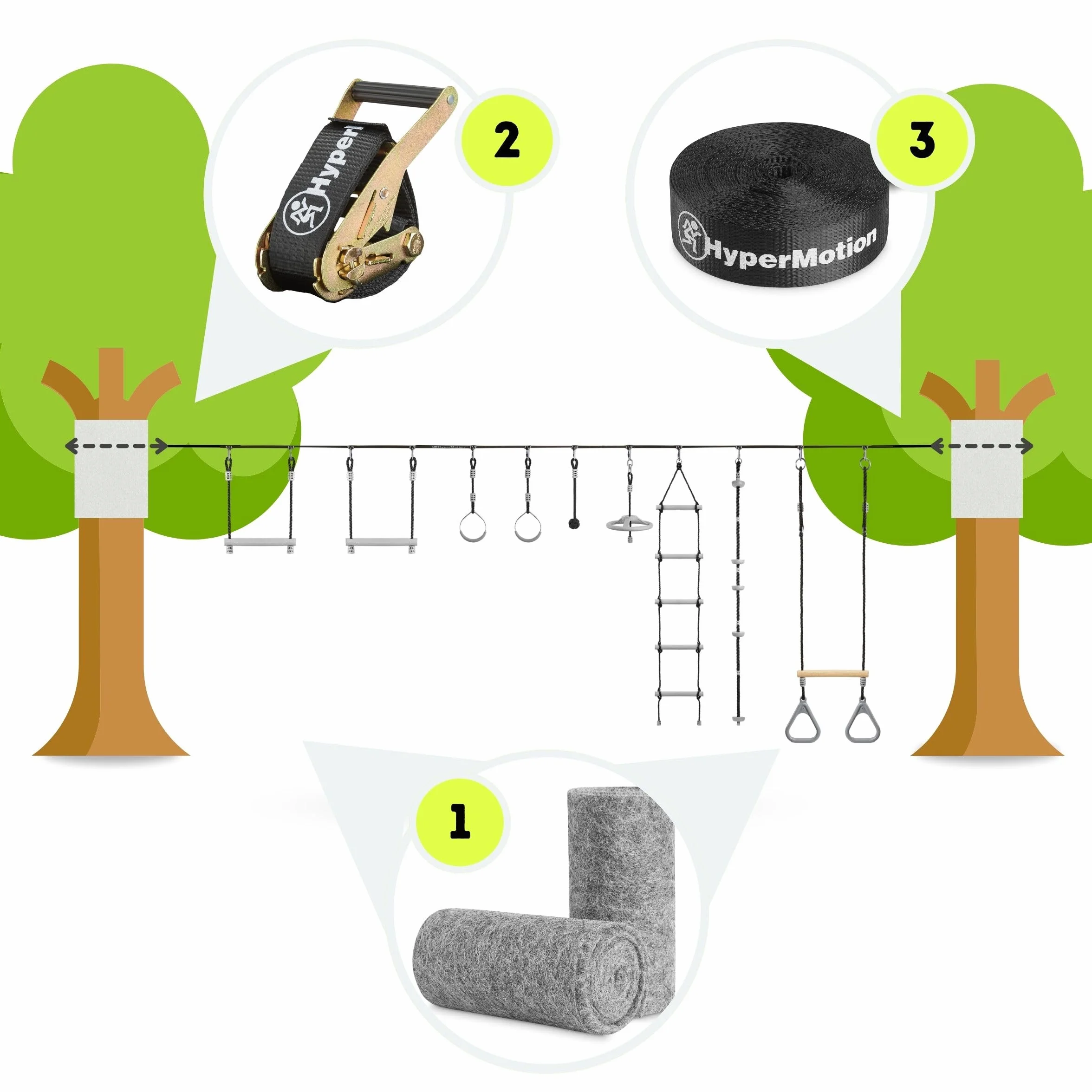 HyperMotion Tor Przeszkód Ninja dla Dzieci Zestaw Slackline – 9 Przeszkód Gimnastycznych z Drążkami Kółkami Liną i Drabinką – Udźwig do 113 kg – Dla Dzieci i Dorosłych do Ogrodu Outdoor