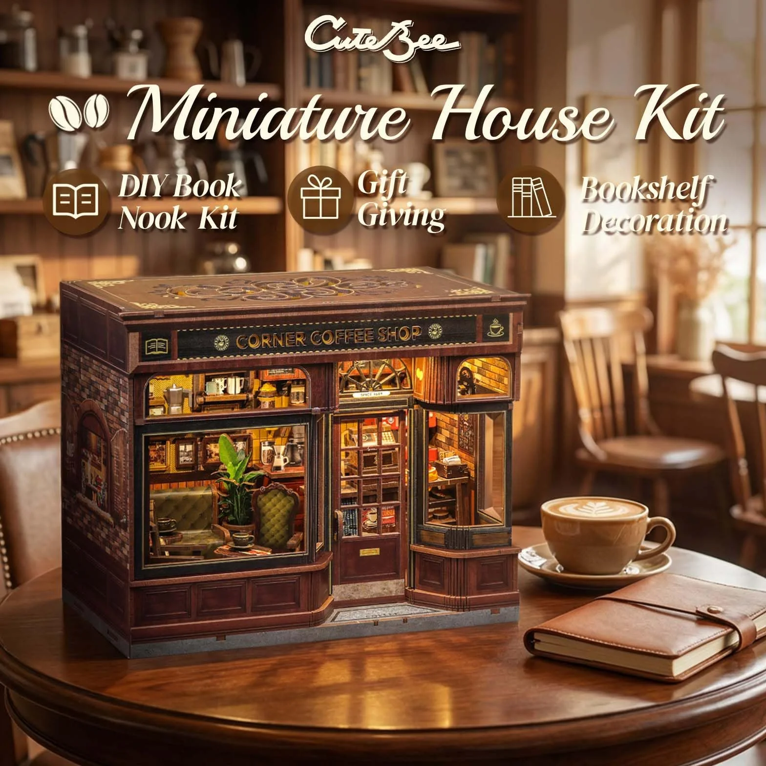CUTEBEE Book Nook – DIY Mini House Miniaturowego Domku Dla Lalek dla Dorosłych z Oświetleniem LED, Układanką 3D i do – Dekoracja Półki na Książki i Pomysł na Prezent (Corner Coffee Shop)