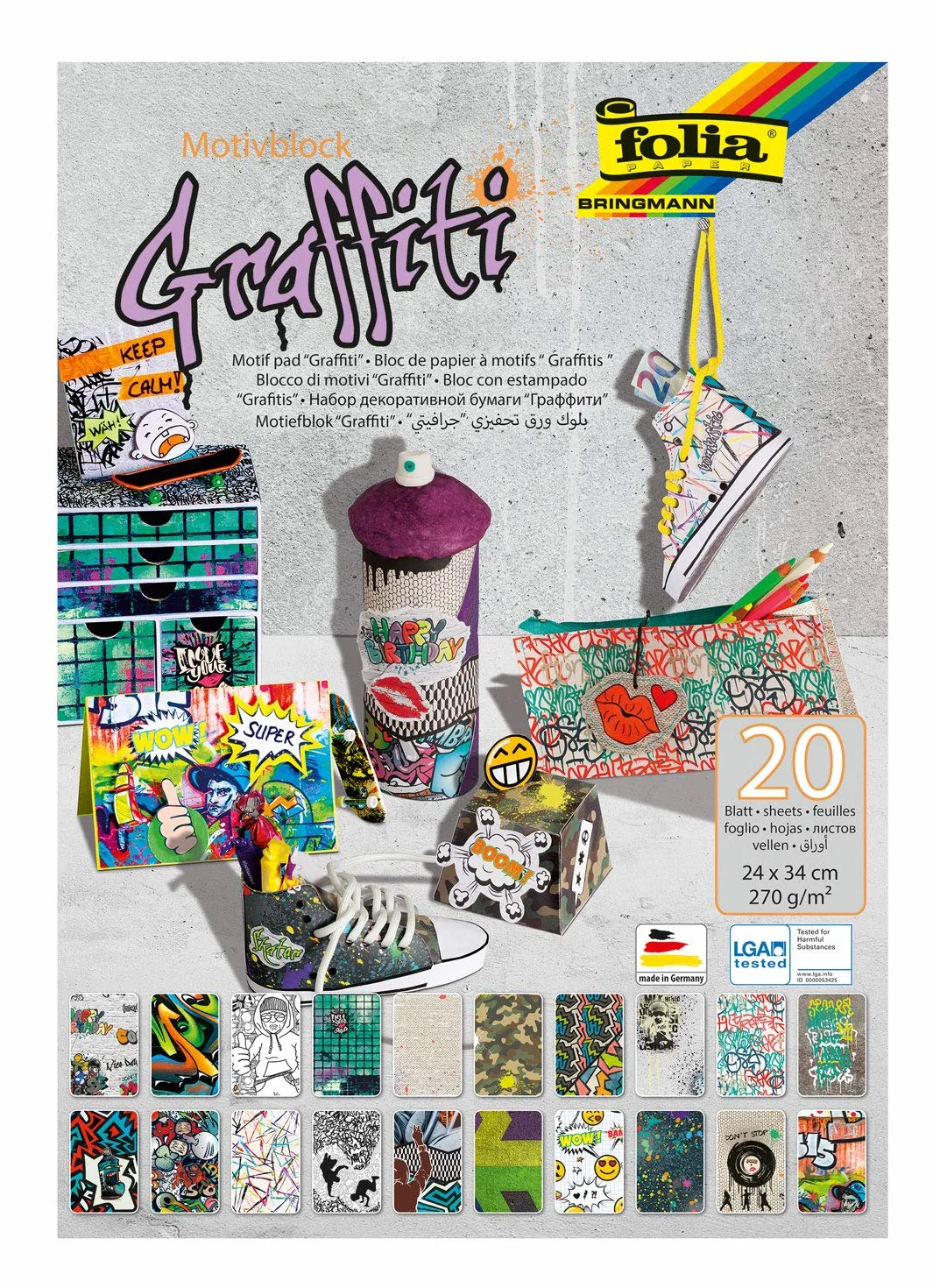 folia 48349 blok z motywem Grafitti, 270 g/m², ok. 24 x 34 cm, arkusz sortowany w 20 różnych motywach do majsterkowania i kreatywnego tworzenia kart, obrazków okiennych i do scrapbookingu i pomysłów