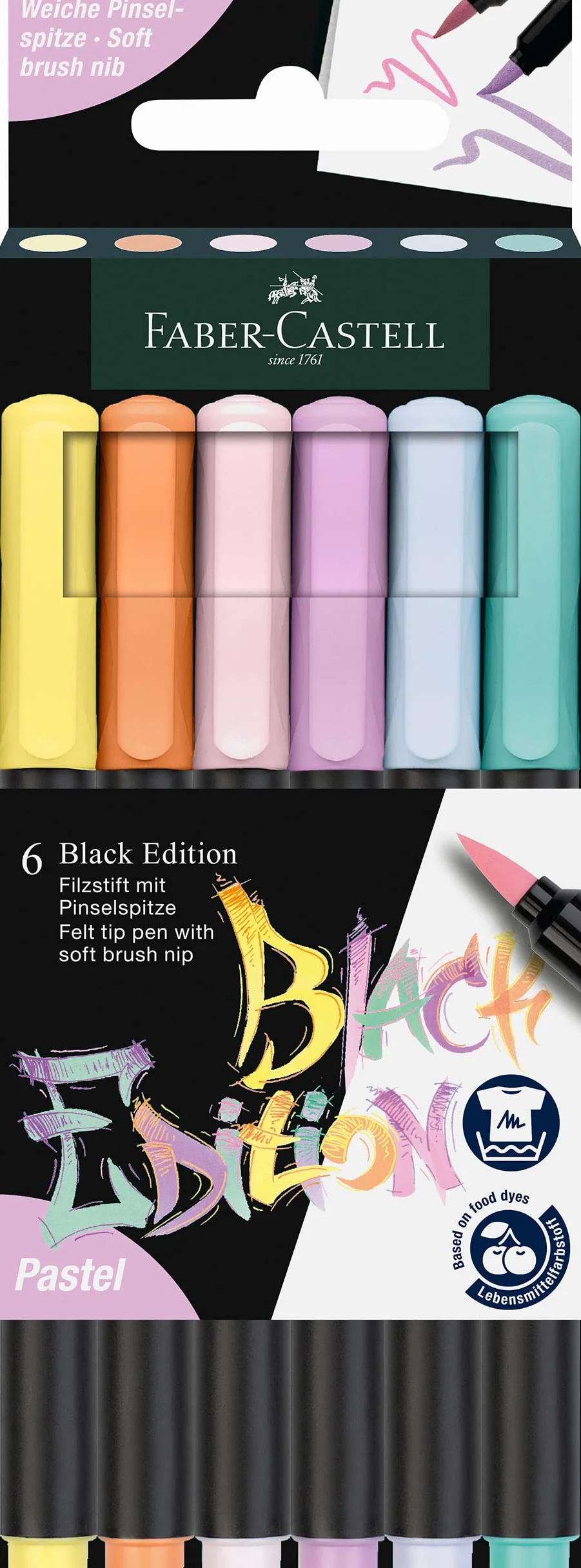 FABER-CASTELL 116453 - Zestaw pisaków z końcówką filcową Black Edition 6er Etui, pastele z końcówką pędzelkową, dla dzieci i dorosłych