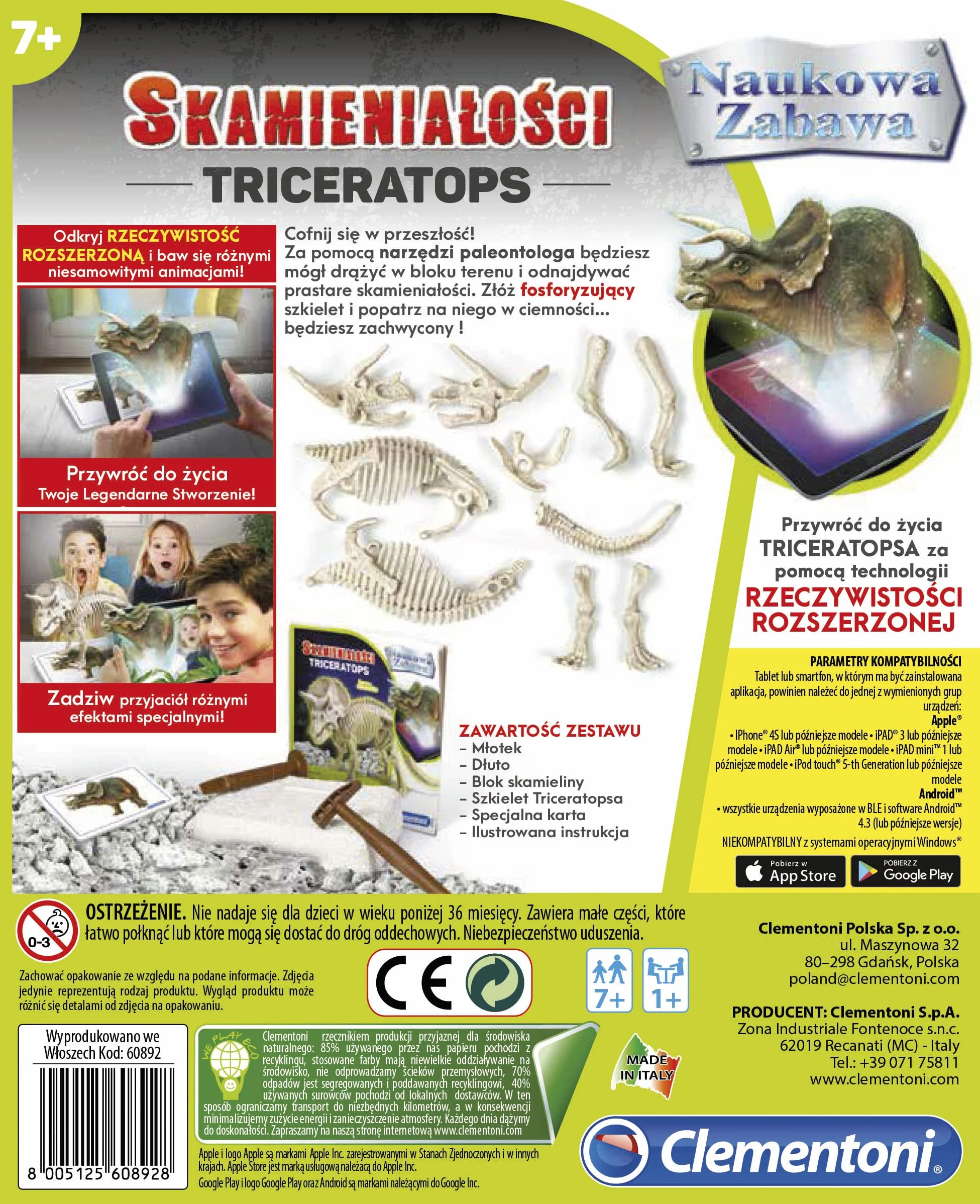 Clementoni - 60892 - Naukowa Zabawa Lab Skamieniałości - Triceratops Fluorescencyjny dla Dzieci od 7 Lat Wersja Polska