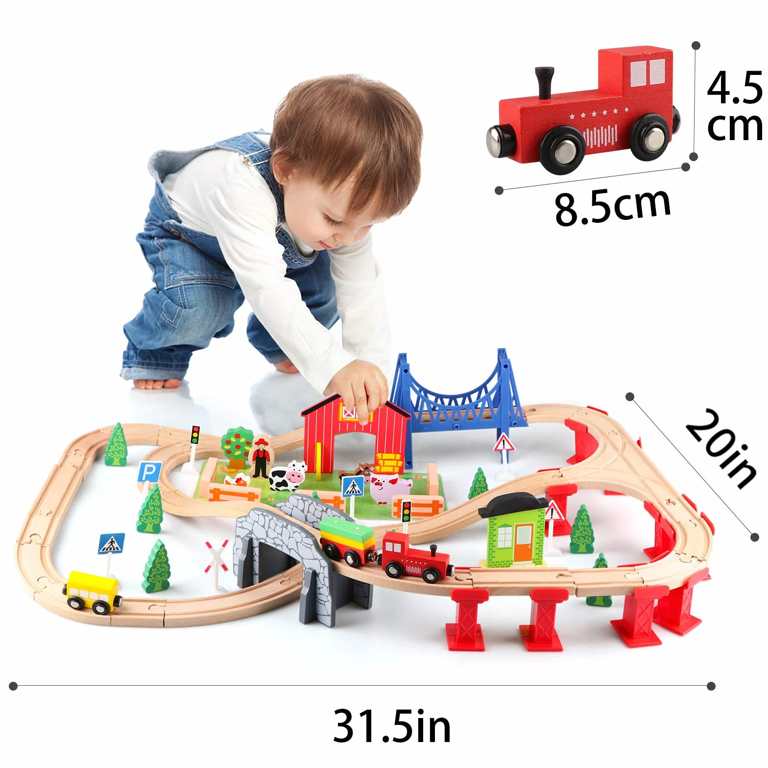 Jacootoys 80 SZTUK Drewniane Pociągi Zestaw Torów Edukacyjna zabawka konstrukcyjna dla dzieci w wieku 3+ lat Dziewczęta Chłopcy