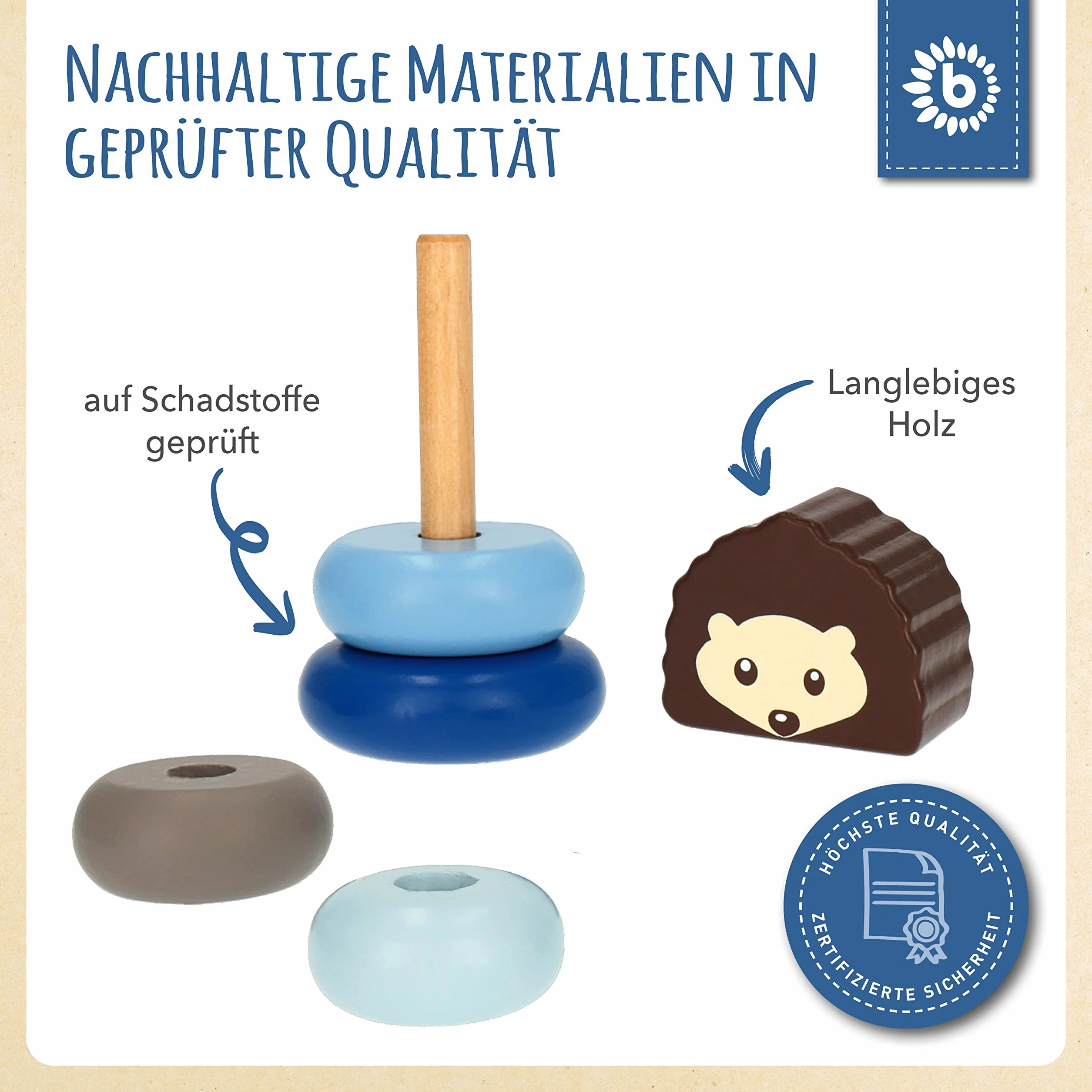 Bieco Wieża do układania w stos drewniany jeż | 13,5 cm, niebieski | wieża układana w stos od 1 roku życia | 5-częściowa piramida wtykowa | nowoczesna gra w stos | kolorowy pierścień piramida | wieża