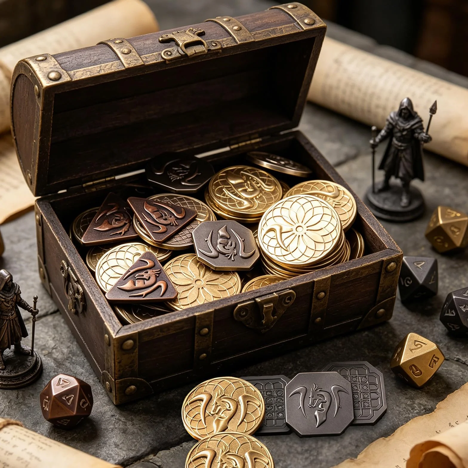 70 PCS Metalowe Monety DND, Skórzana Torba, Zawiera 30 złotych i 20 srebrnych oraz 20 miedzianych monet, Fantasy Tokeny do Gier Planszowych