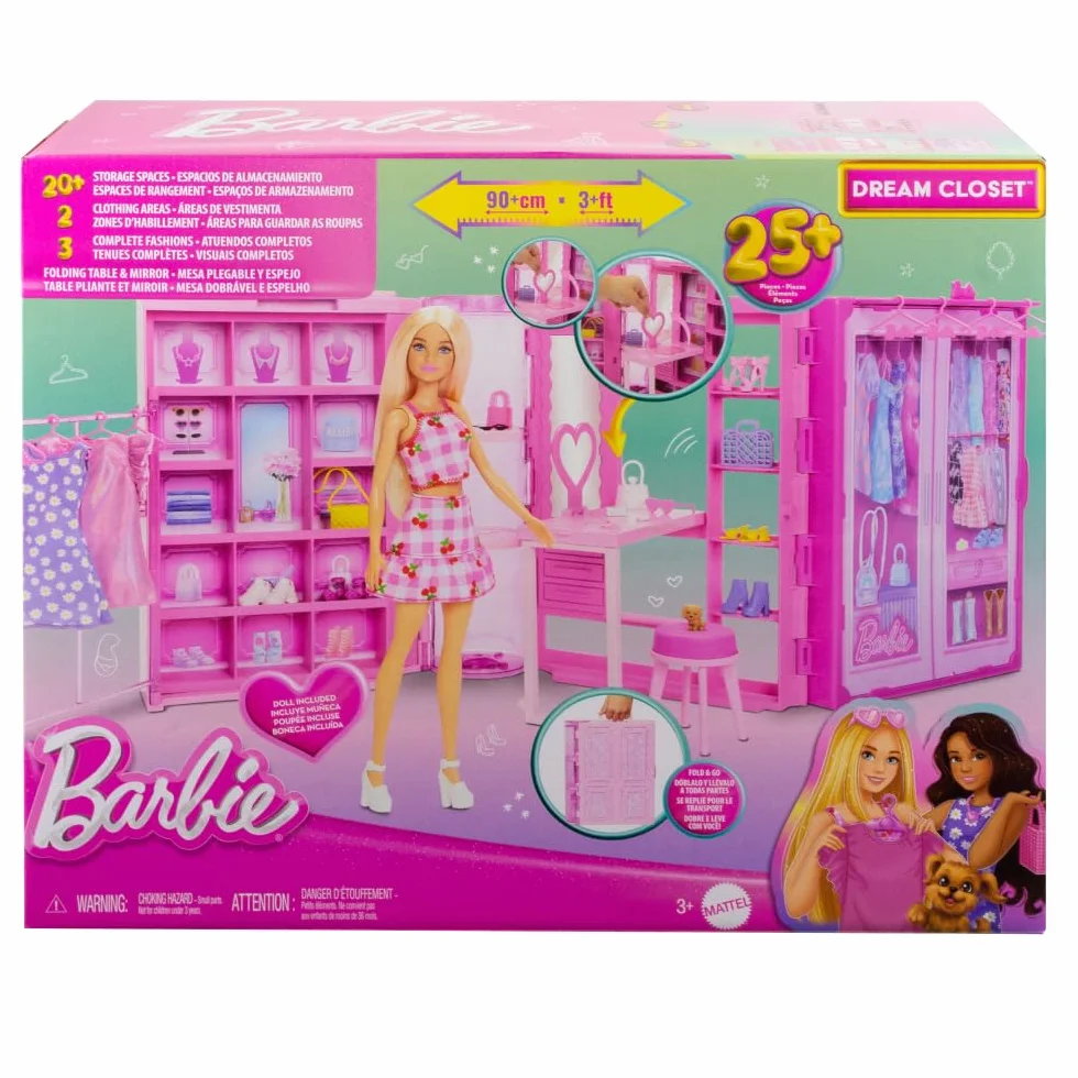 Barbie Szafa Marzeń Zestaw do zabawy z lalką blondynką, szafą (ponad 90 cm szerokości), ubranka dla lalki i akcesoria; 25 elementów, 3 pełne stylizacje Zestaw garderoba, HXD58