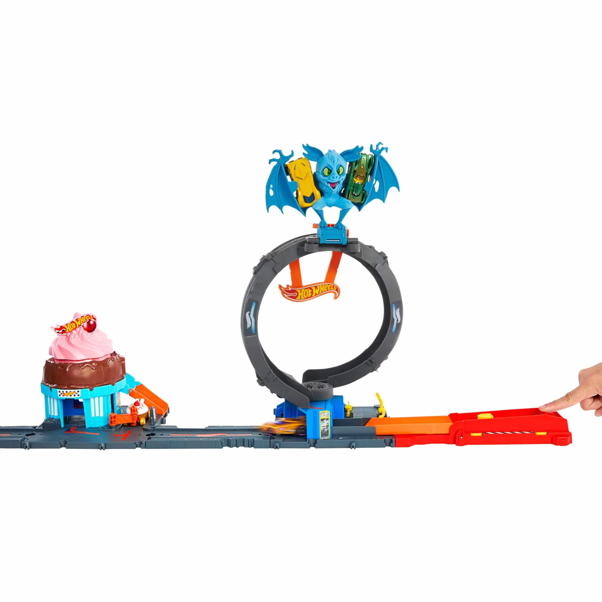 Hot Wheels City Let's Race – Na start! - Netflix - Pętla nietoperza Zestaw z pętlą do dostosowania, wyrzutnią i samochodzikiem w skali 1:64, HTN78