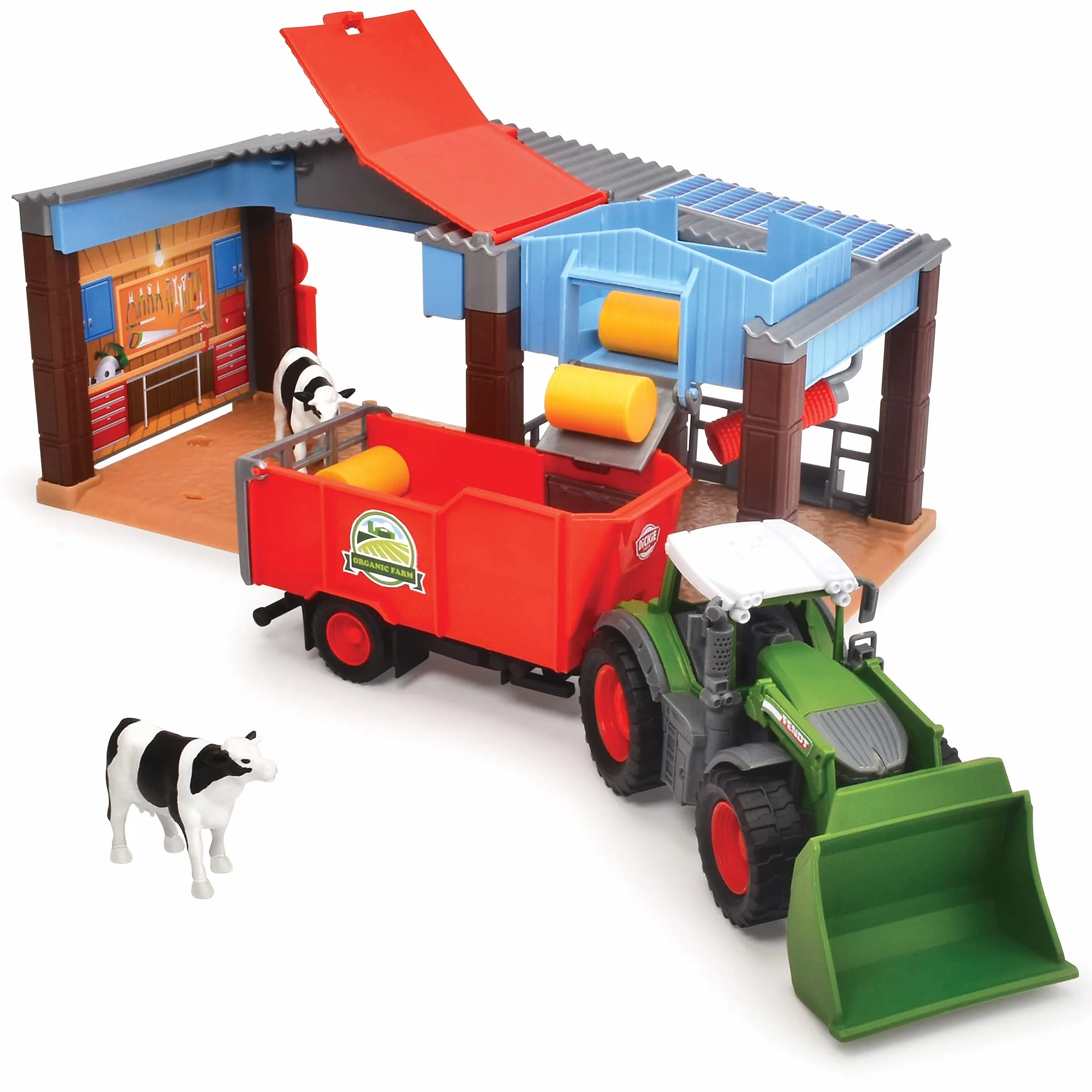 Dickie Toys 203735003 Stacja farma gospodarcza z traktorem i figurki; światło i dźwięk; ciągnik z przyczepą i krowami; zabawa w rolnika; wymiary: 17x30x15 cm; prezent dla dzieci od 3 lat