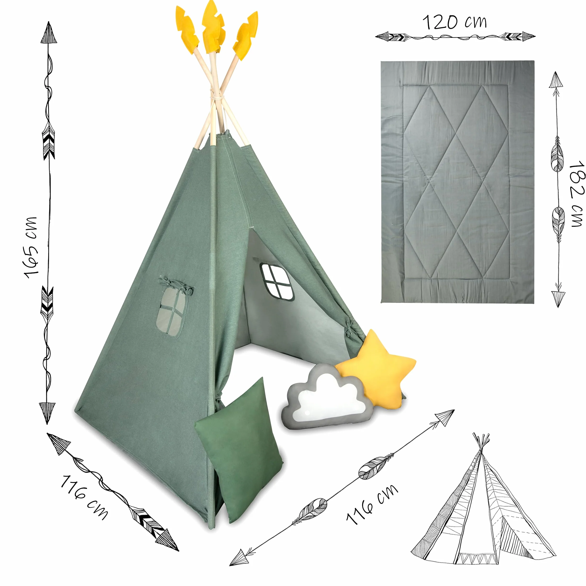 Nukido namiot dla dzieci tipi teepee wigwam z girlandą, poduszkami, dużą matą i stabilizatorem zielony