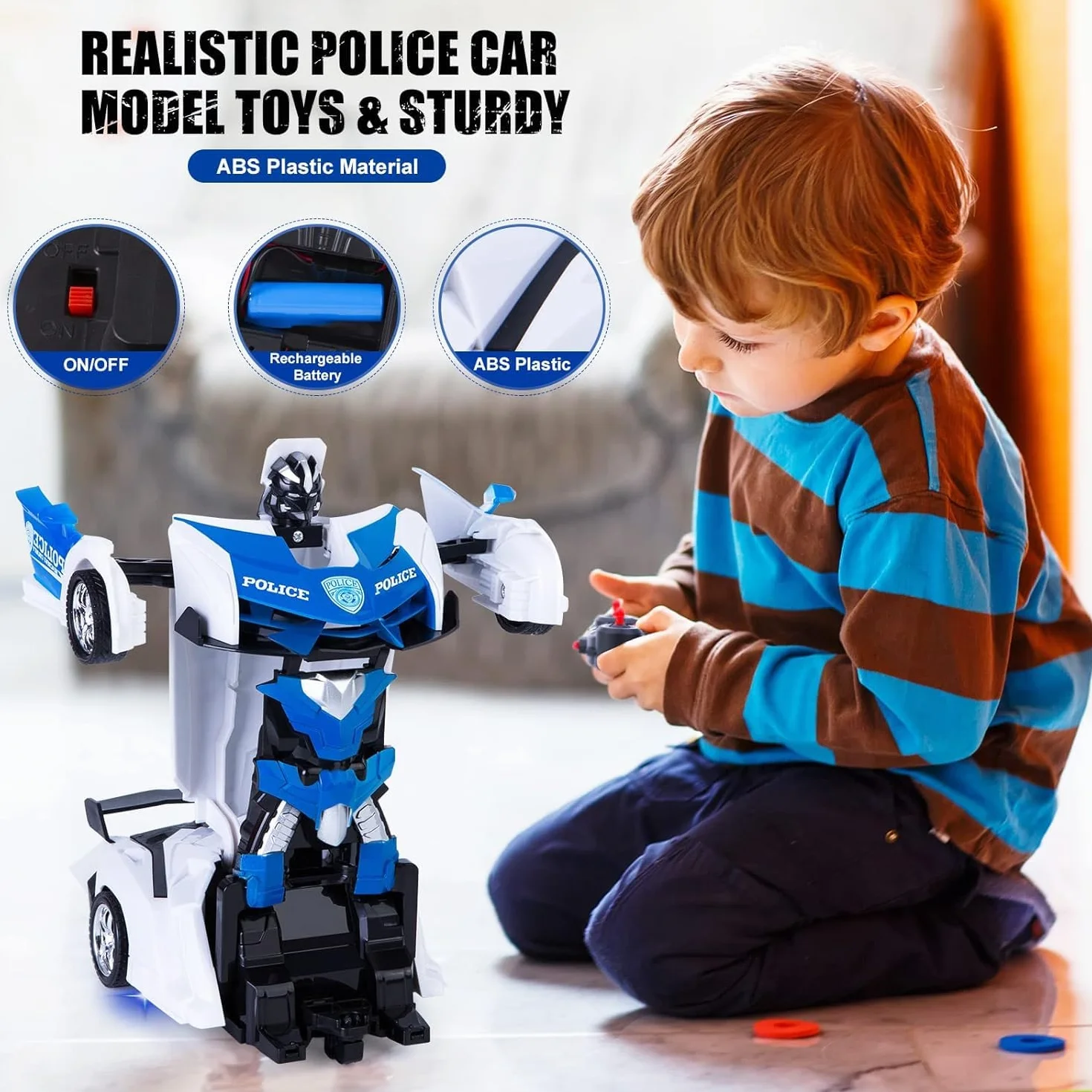 Highttoy Zdalnie sterowany samochód dla dzieci w wieku 3-12 lat, samochód policyjny, deformacja robota RC, obracany o 360°, transformator, zabawka dla chłopców, dziewczynek, prezent 2,4 GHz, samochód
